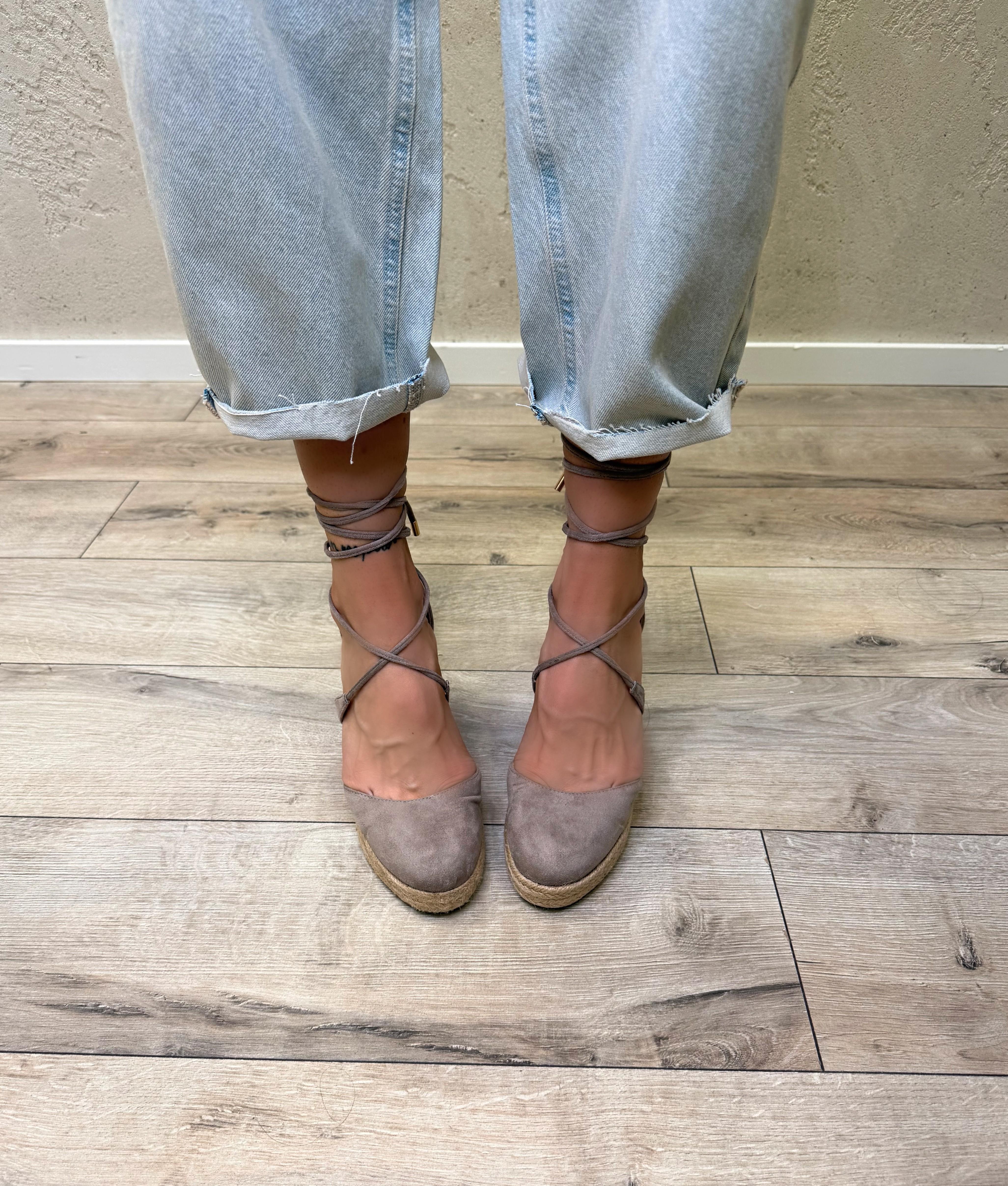 zeppe in pelle con plateau in raffia 14-3714 TAUPE DIVINE FOLLIE