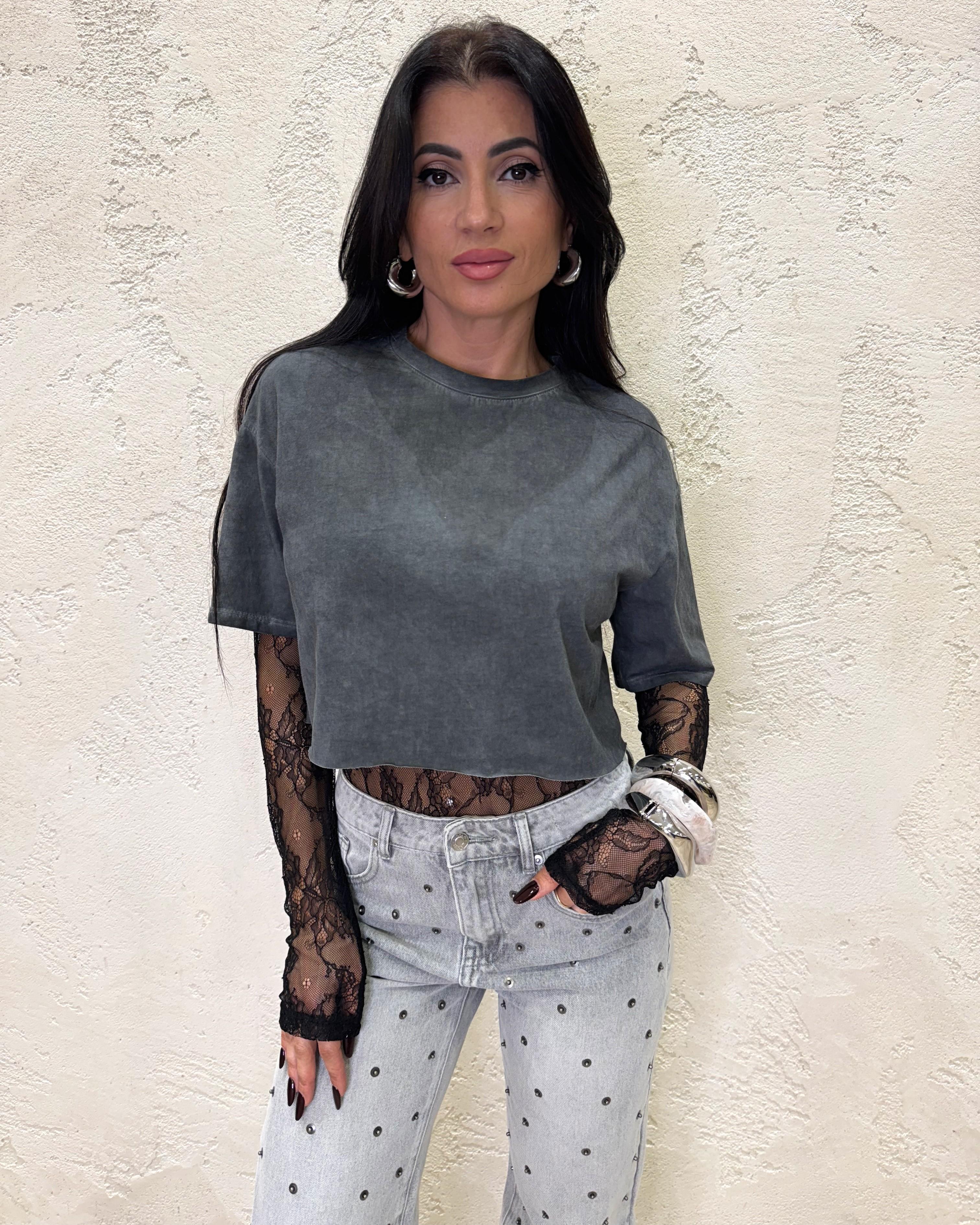 t-shirt effetto vintage con body in pizzo incorporato BMA-P018 GIRGIO/NERO HAVEONE