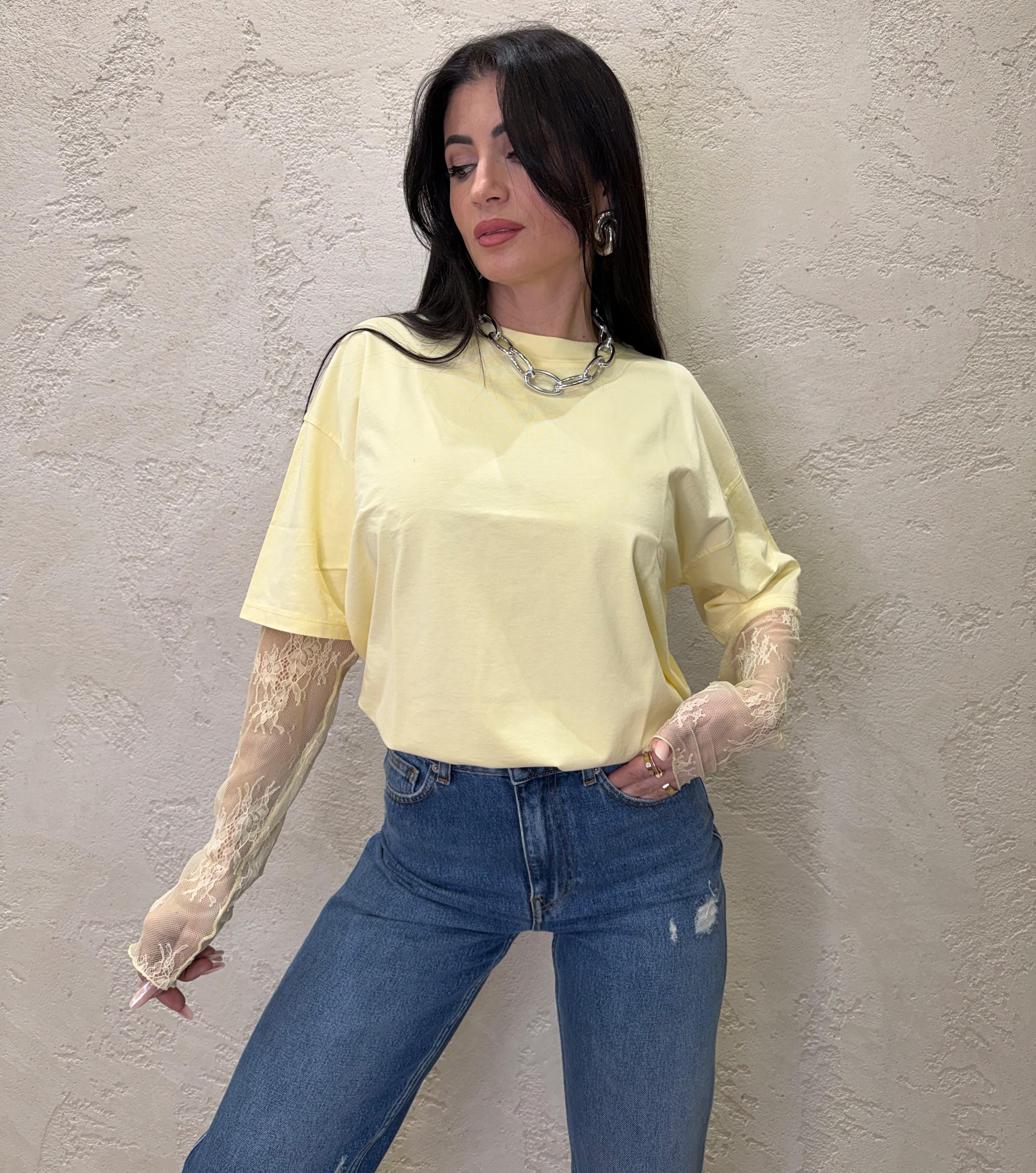 t-shirt con maniche in pizzo 11073 GIALLO SUSY MIX