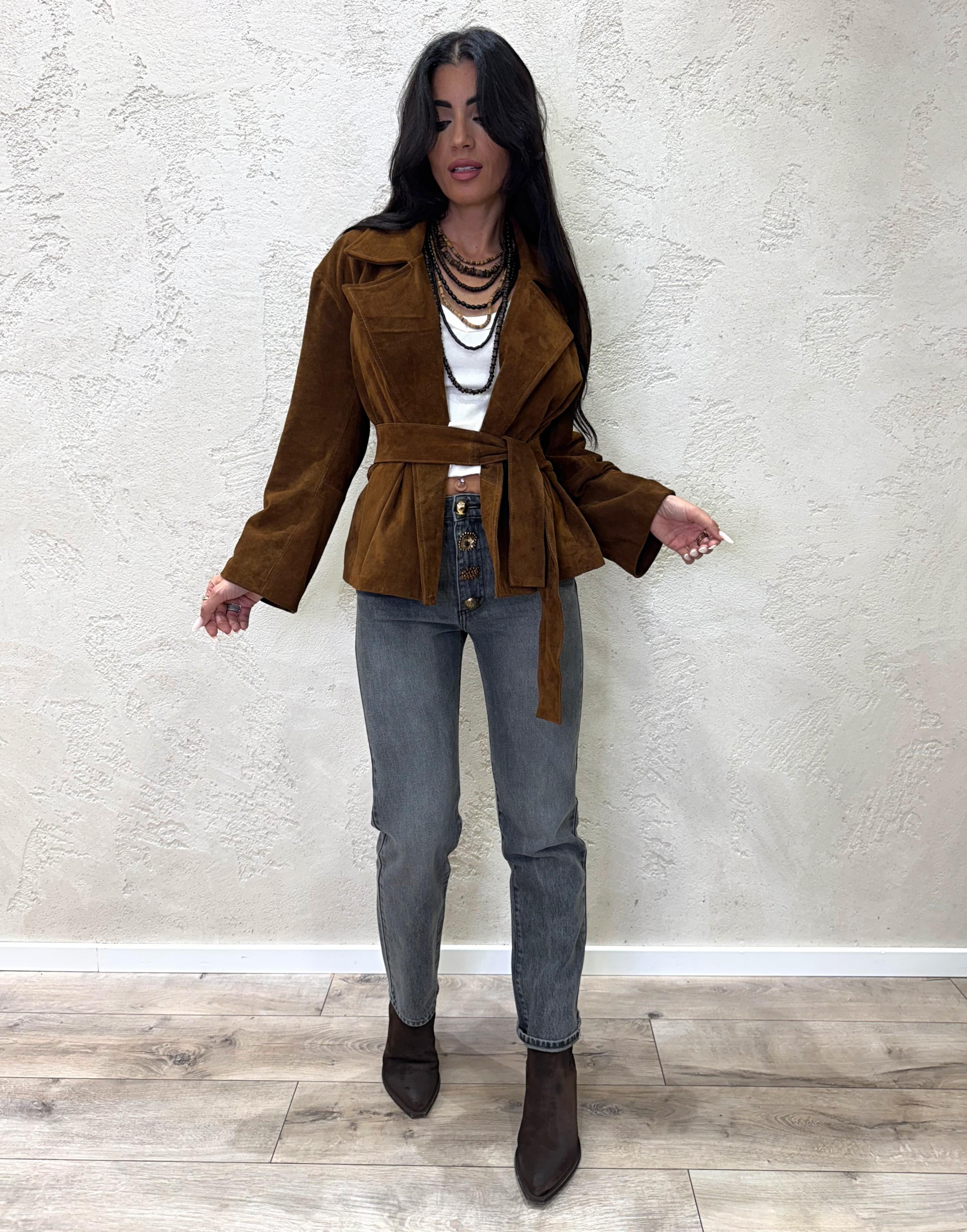 giubbino in vera pelle scamosciata con cintura TF0269 COGNAC VICOLO
