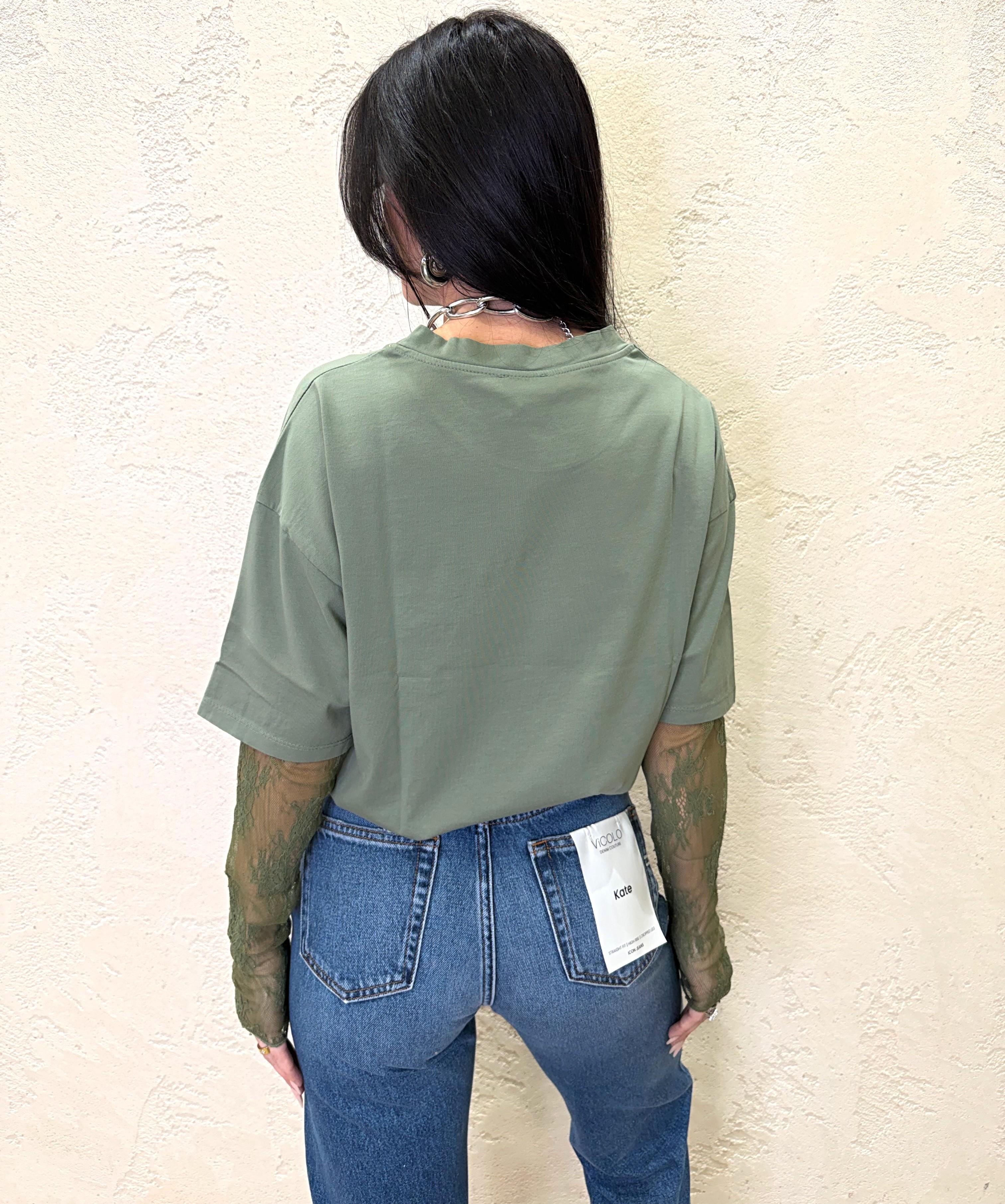 t-shirt con maniche in pizzo 11073 VERDE SALVIA SUSY MIX