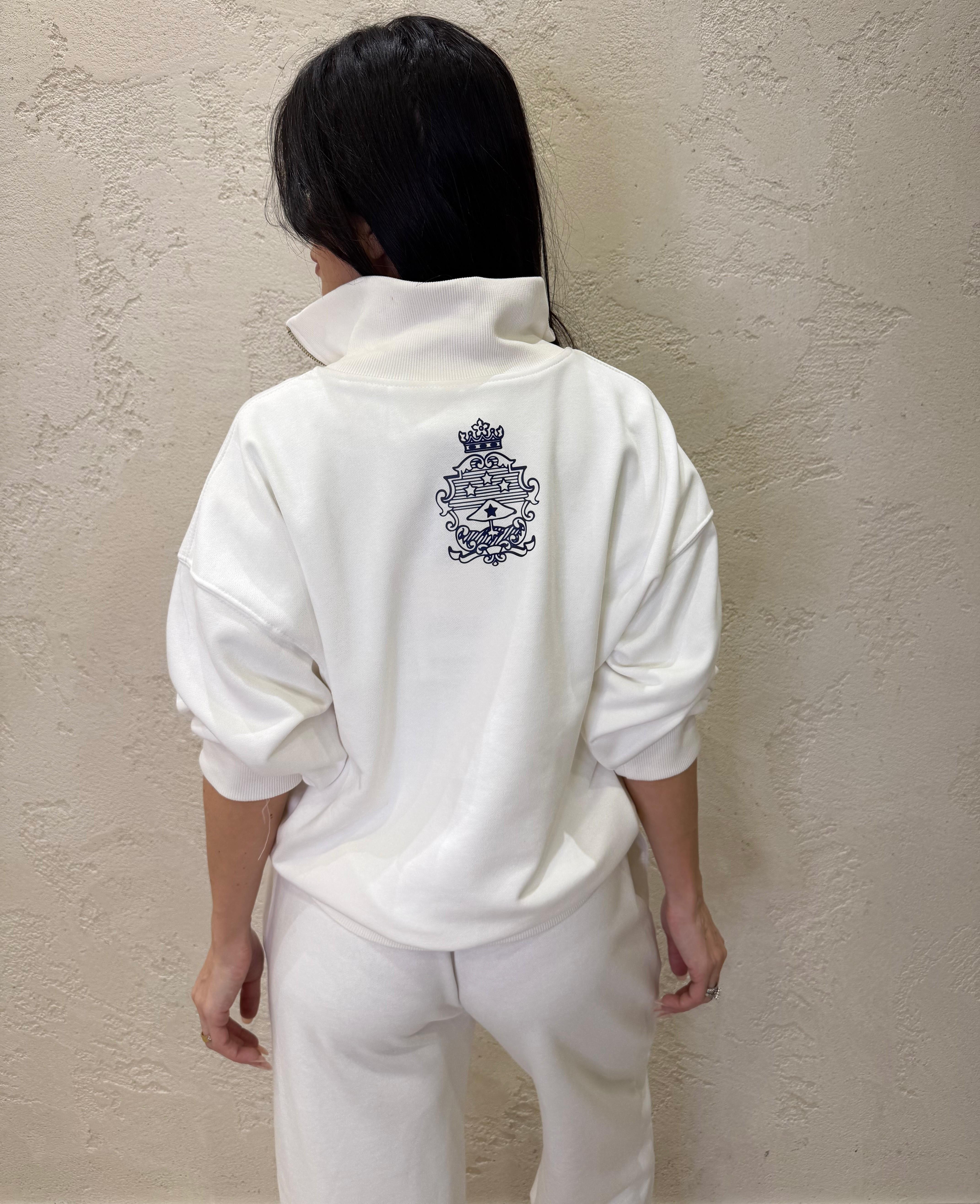 felpa garzata over con mezza zip e stampa 26M3979 PANNA/BLU TENSIONE IN