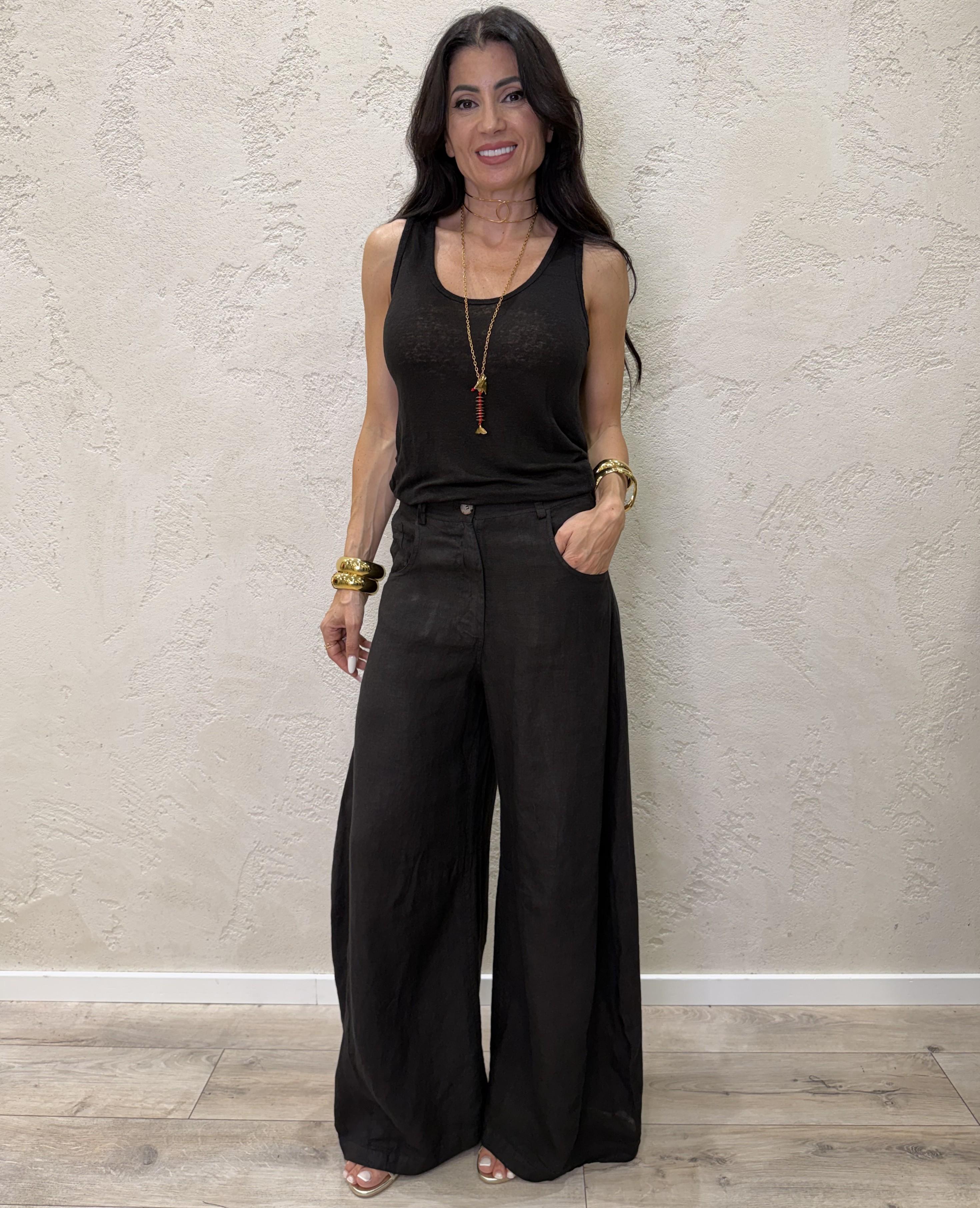 pantalone in puro lino modello luvre barrel fit S26PE64 NERO TENSIONE IN