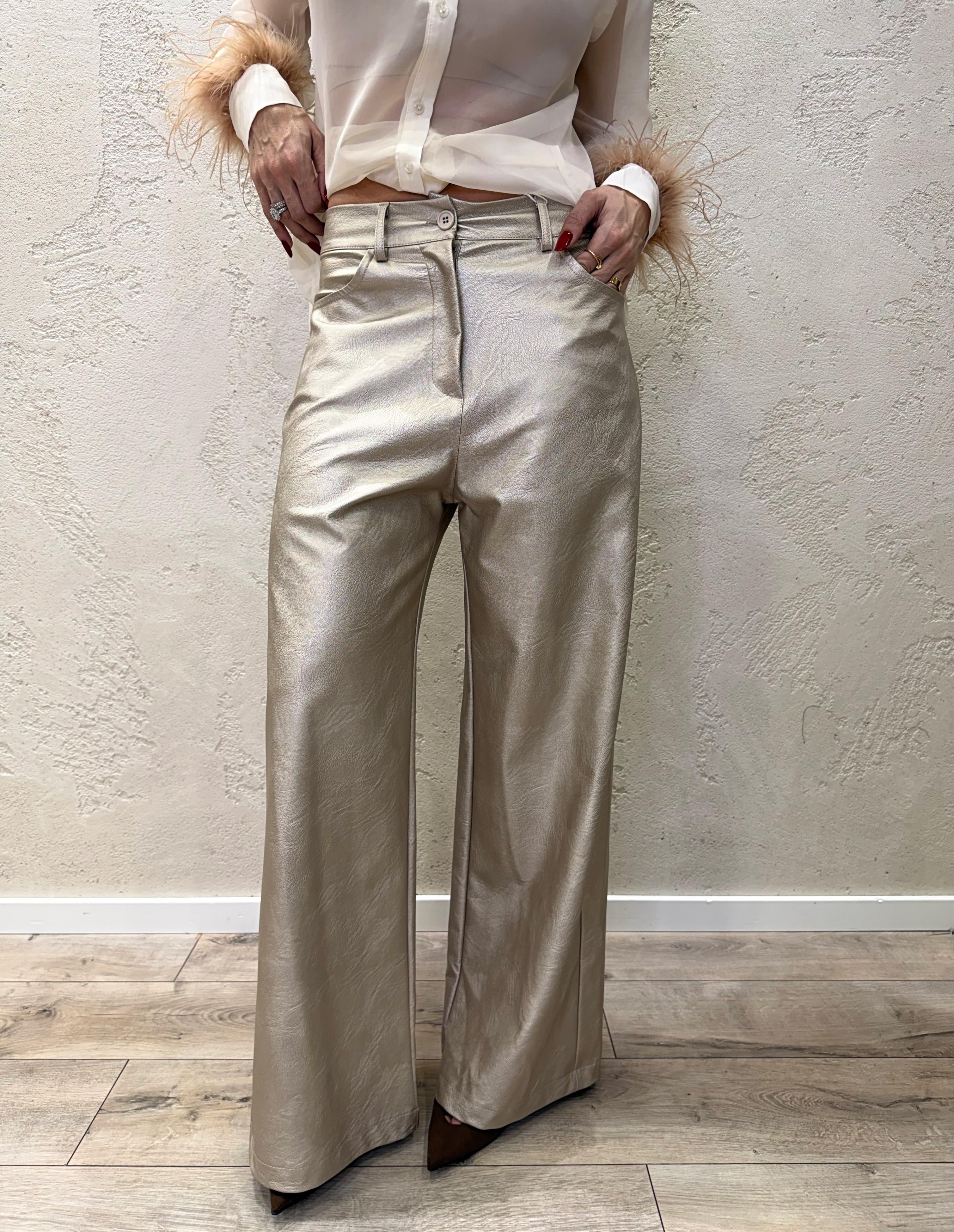 pantalone a palazzo in ecopelle martellata effetto laminato 224223 ORO MOTEL