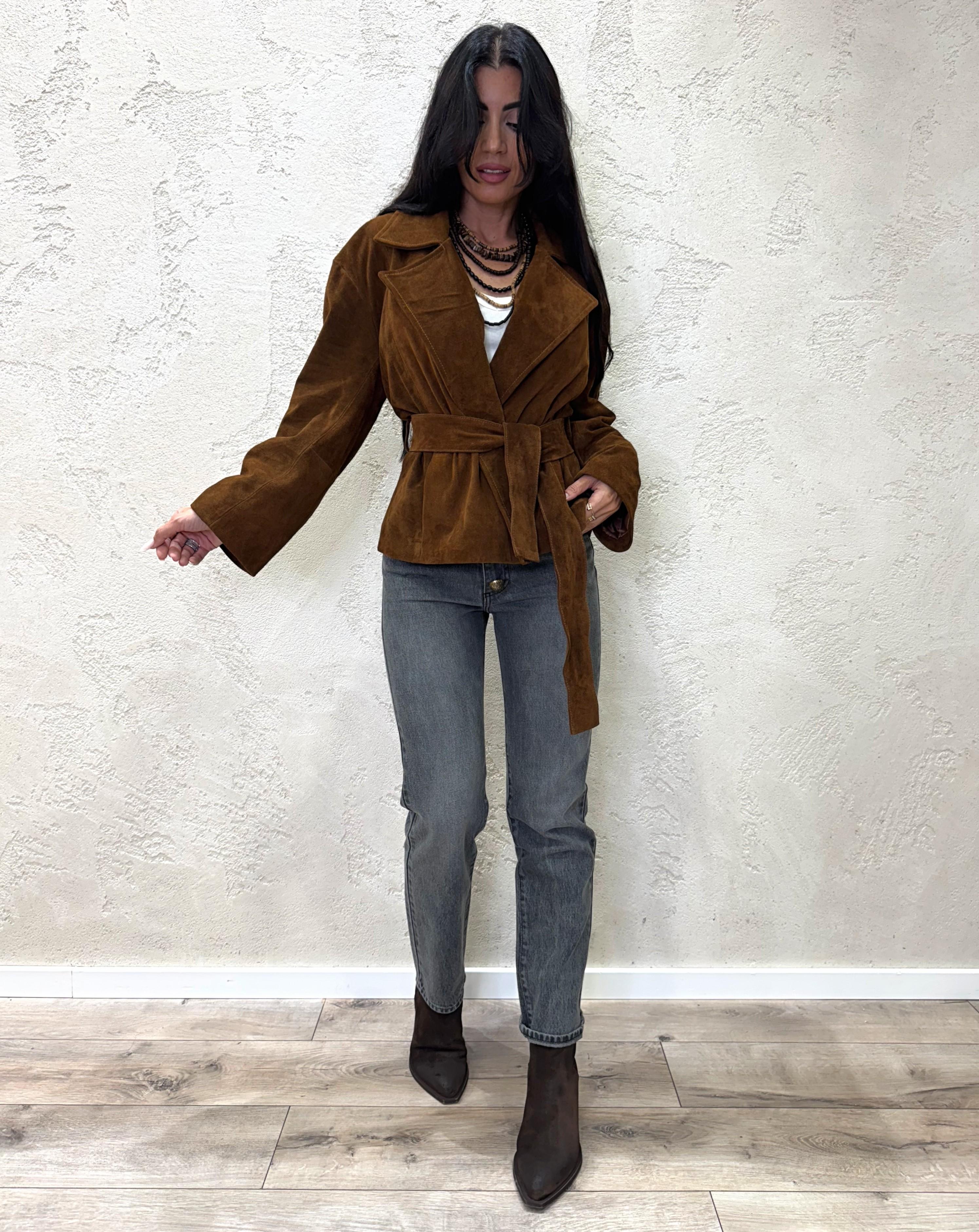 giubbino in vera pelle scamosciata con cintura TF0269 COGNAC VICOLO