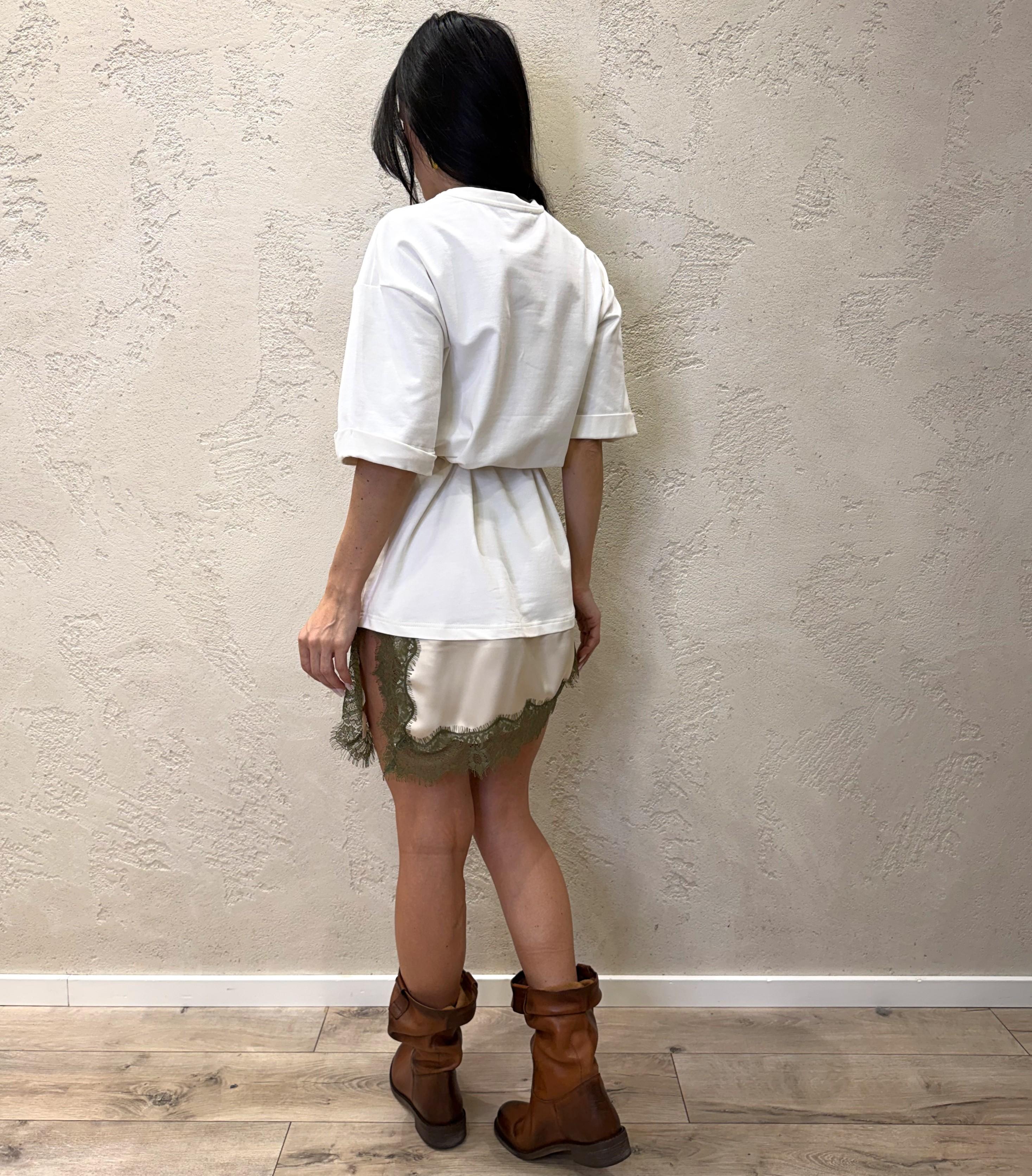 abito corto in doppio tessuto con inserto in satin e pizzo S26A770 PANNA MOTEL