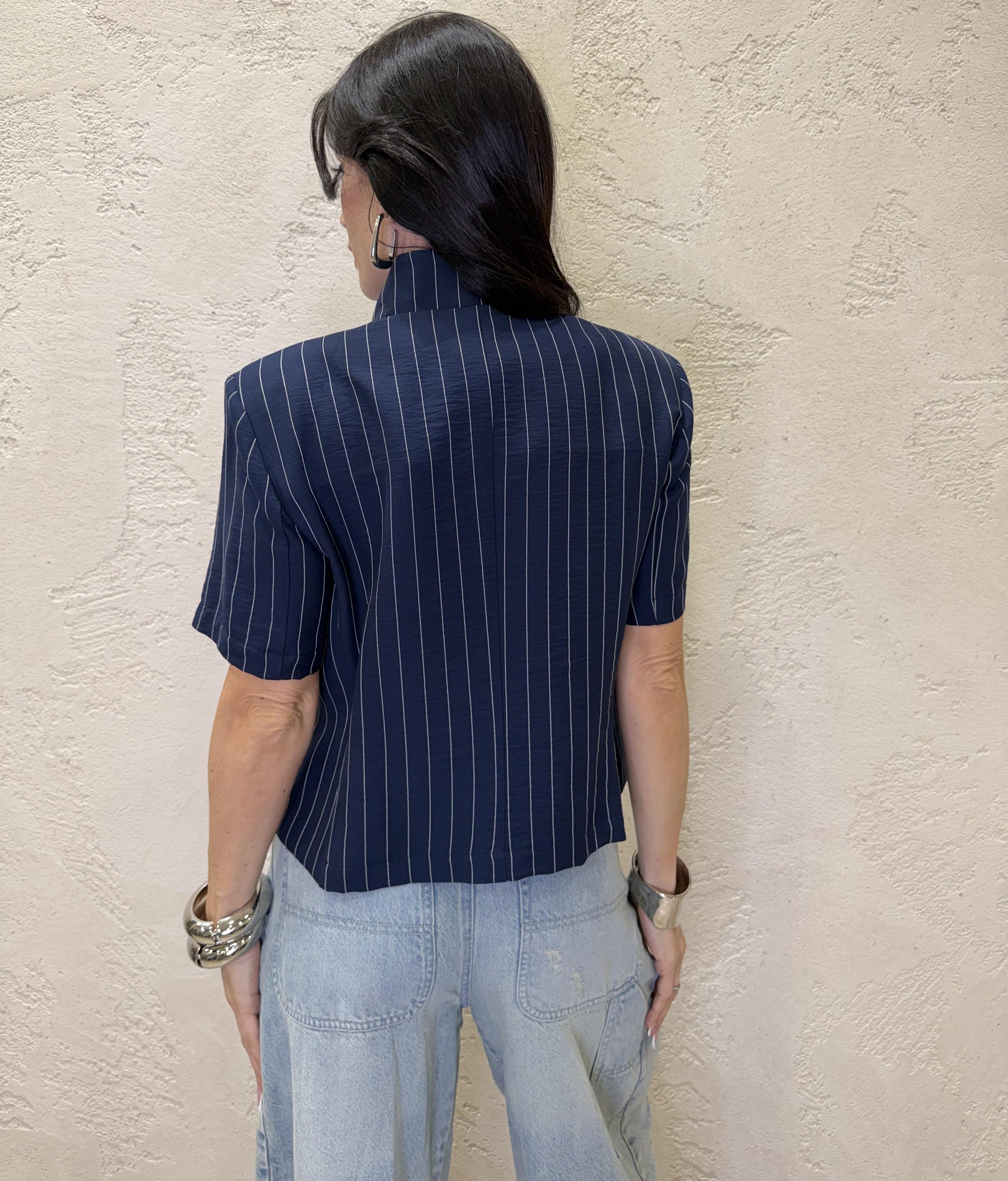 giacca manica corta gessata con collo alla coreana e chiusura asimmetrica JMN-Q115 BLU HAVEONE