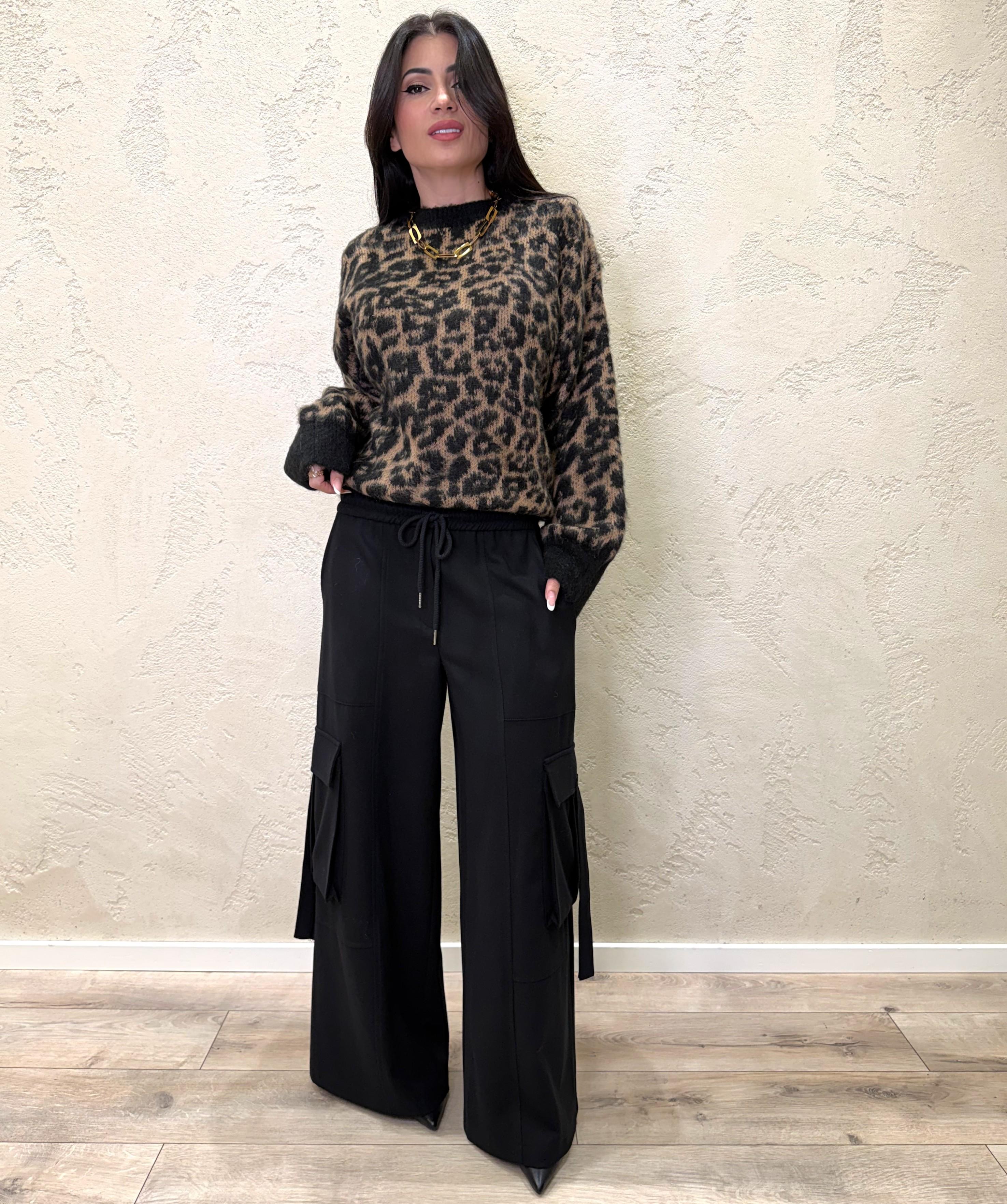 pantalone cargo a palazzo in calda viscosa 26P1748 NERO TENSIONE IN