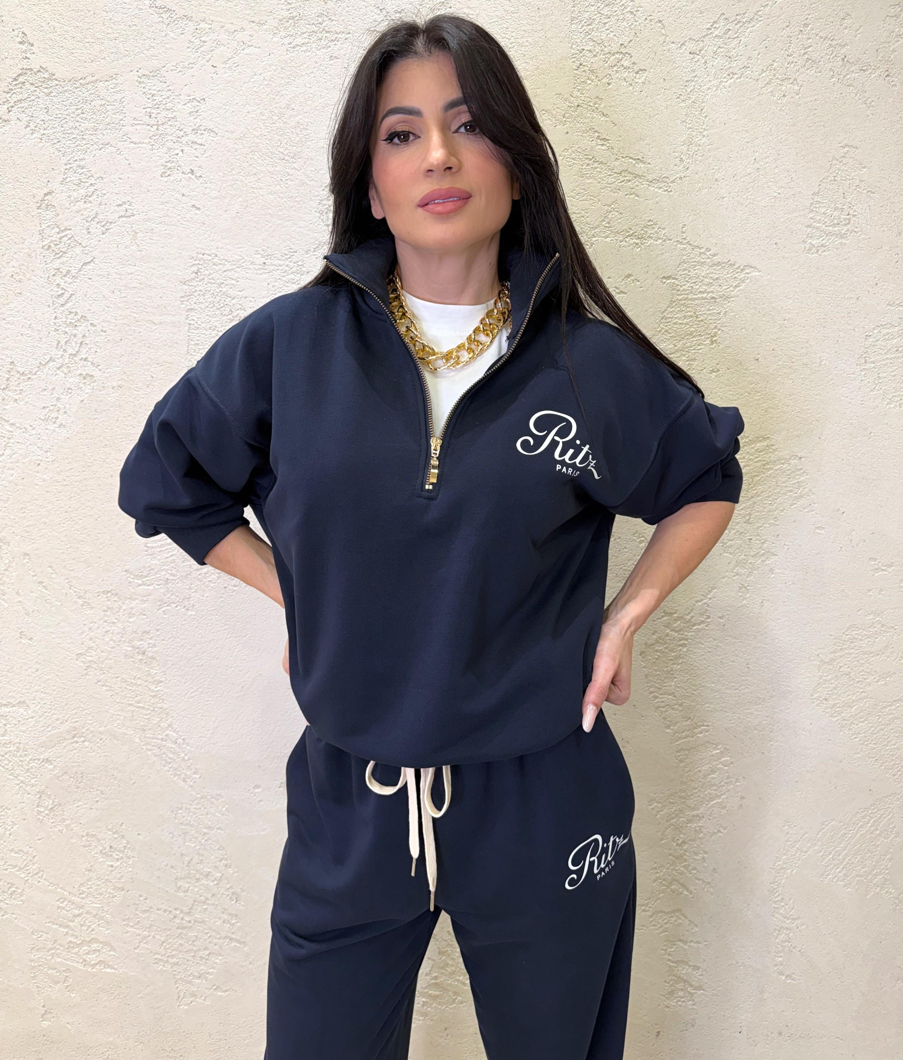 felpa garzata over con mezza zip e stampa 26M3979 BLU/PANNA TENSIONE IN