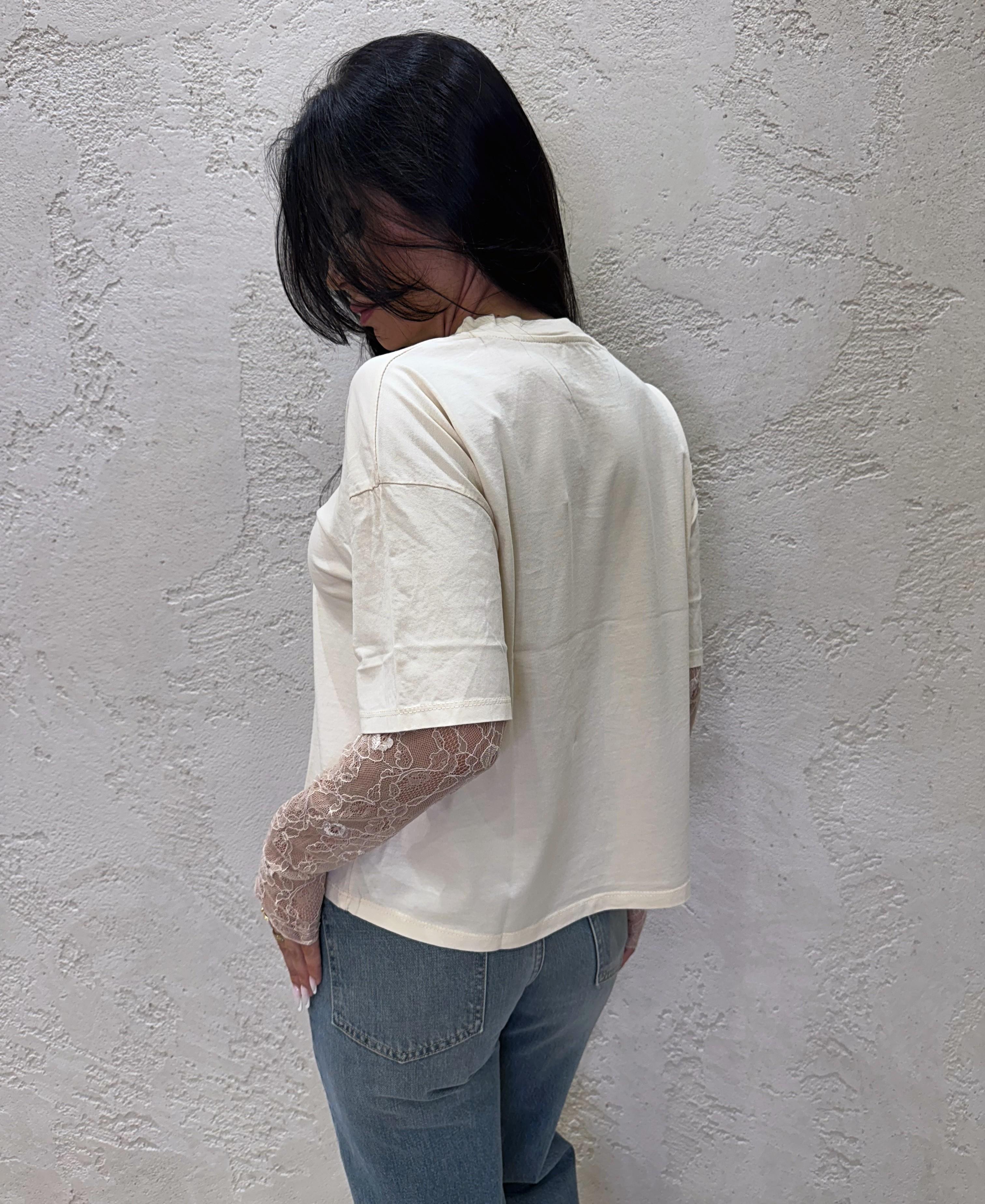 t-shirt con maniche in pizzo 11073 BEIGE SUSY MIX