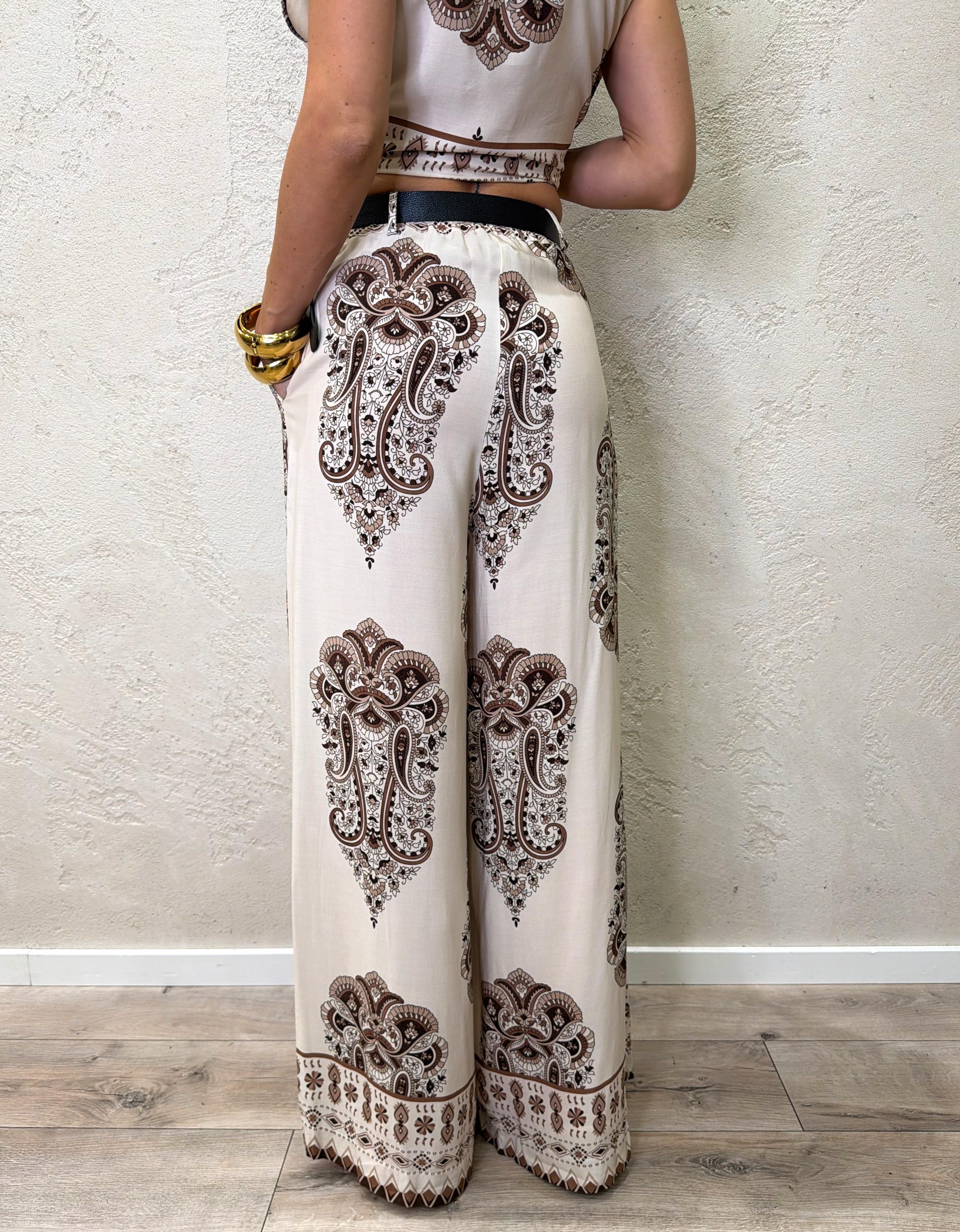 pantalone in 100% viscosa a palazzo con pinces frontali e fantasia etnica 16926H2 BEIGE SUSY MIX