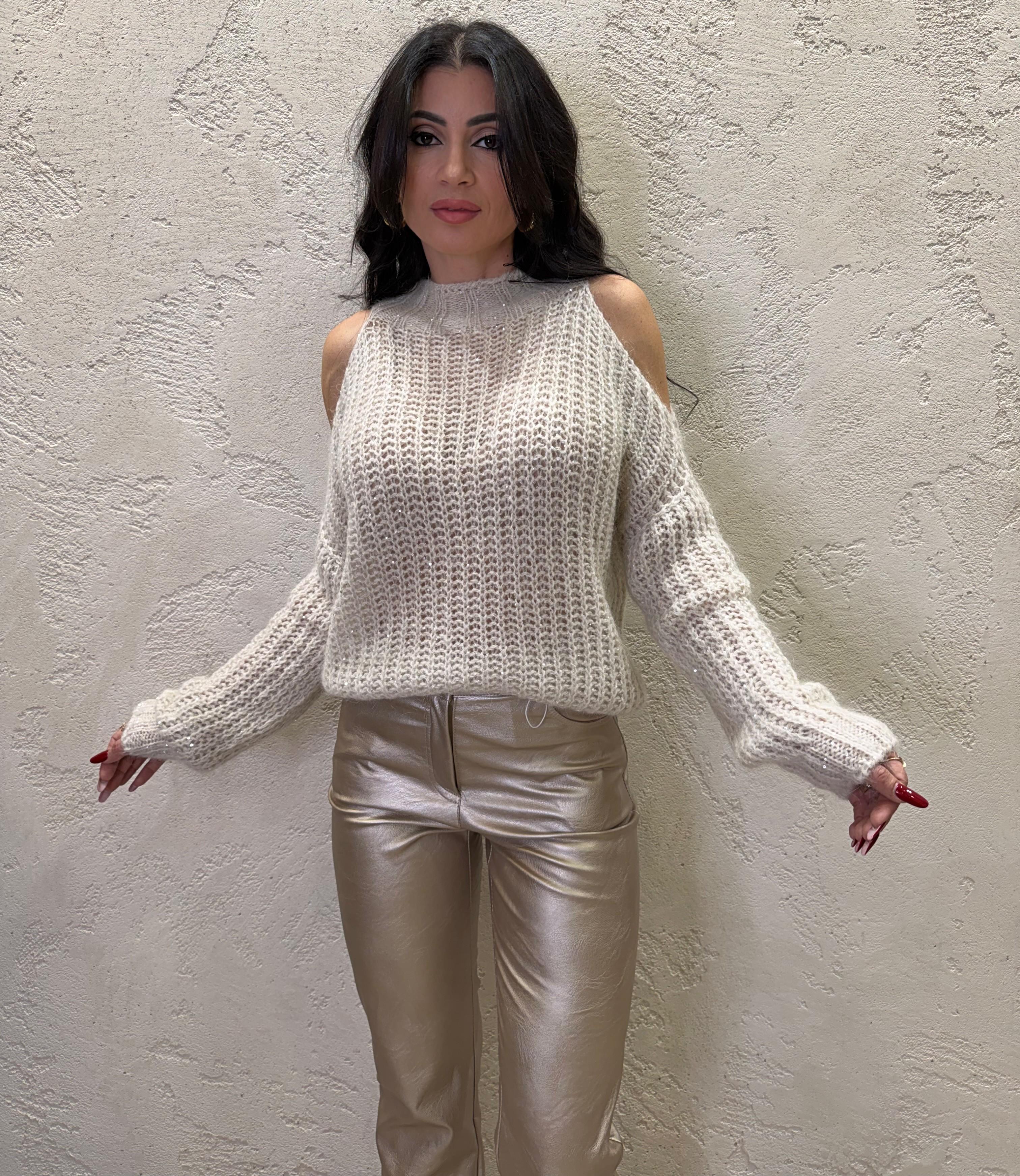 pull cut out misto mohair e lana con pailettes applicate MPH528AT25 CREMA TENSIONE IN