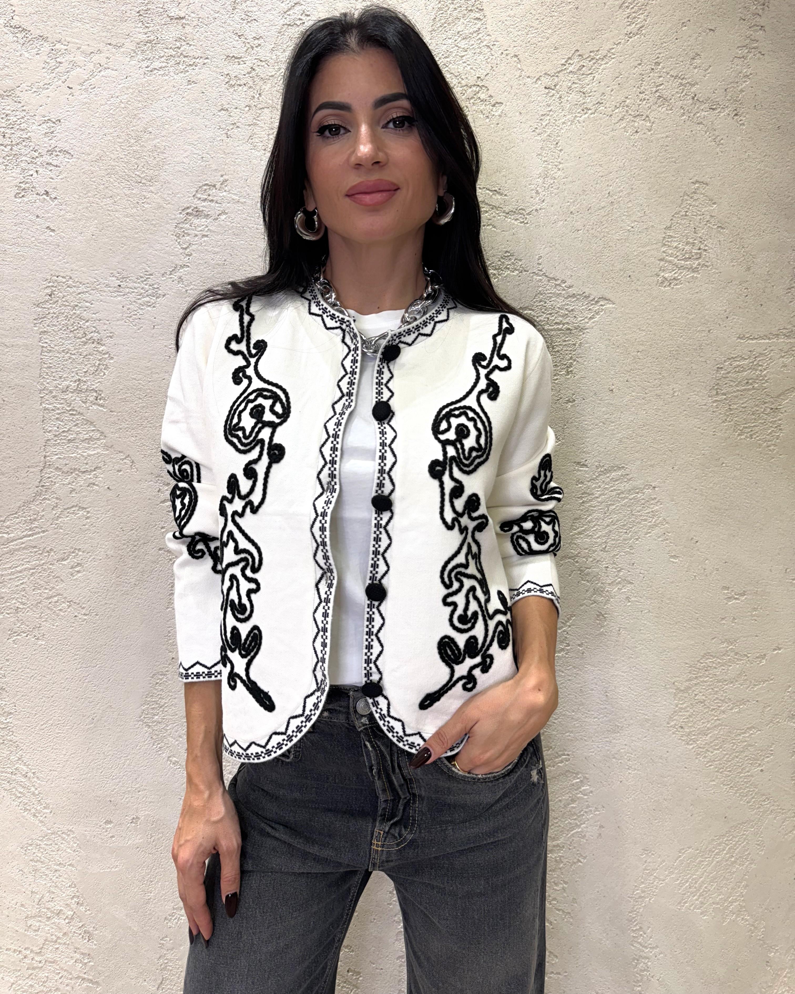 cardigan girocollo con ricamo CARGCDIS BIANCO/NERO ELEVI