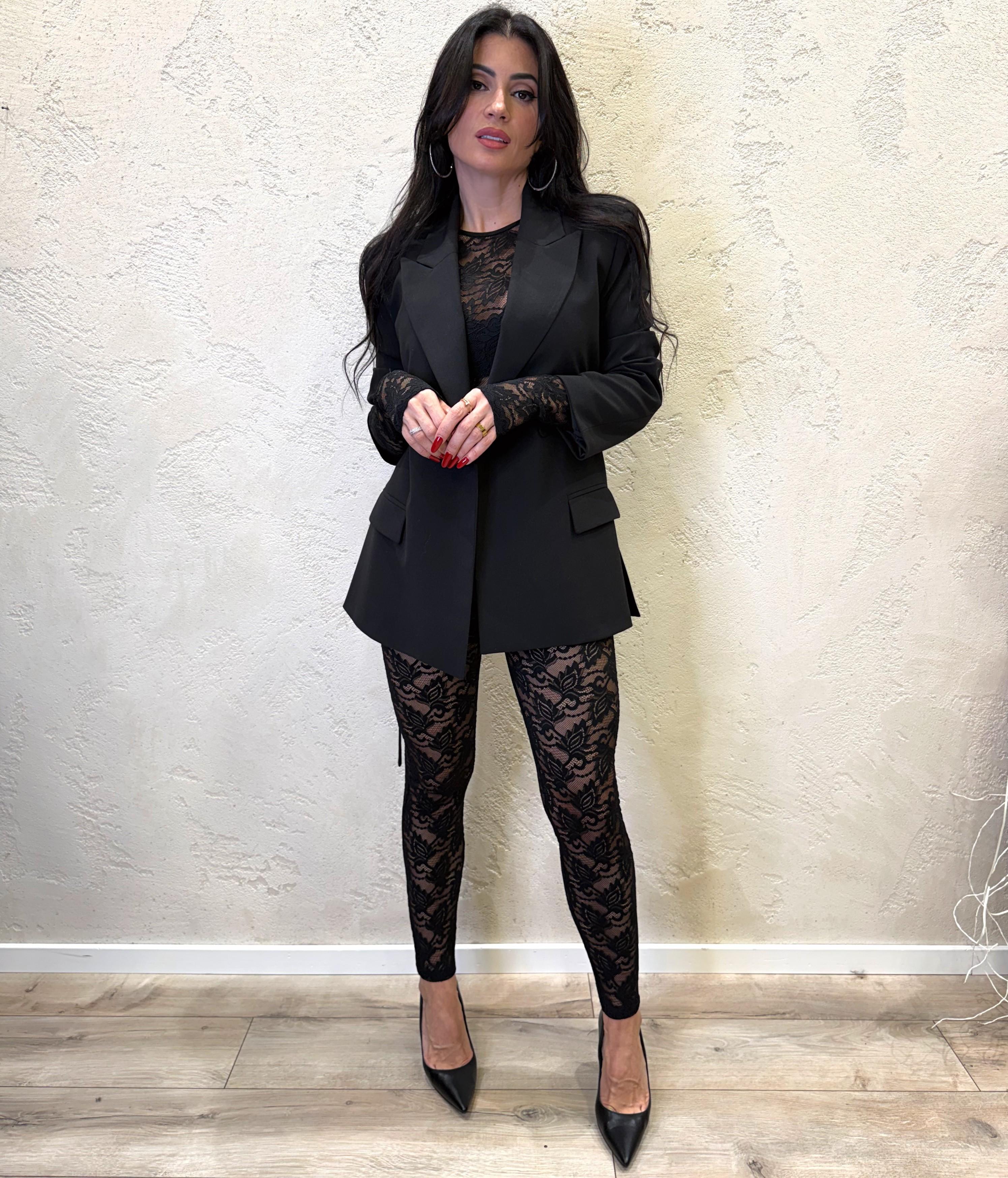 tuta in pizzo trasparente con maniche lunghe Y566KRX NERO IMPERIAL