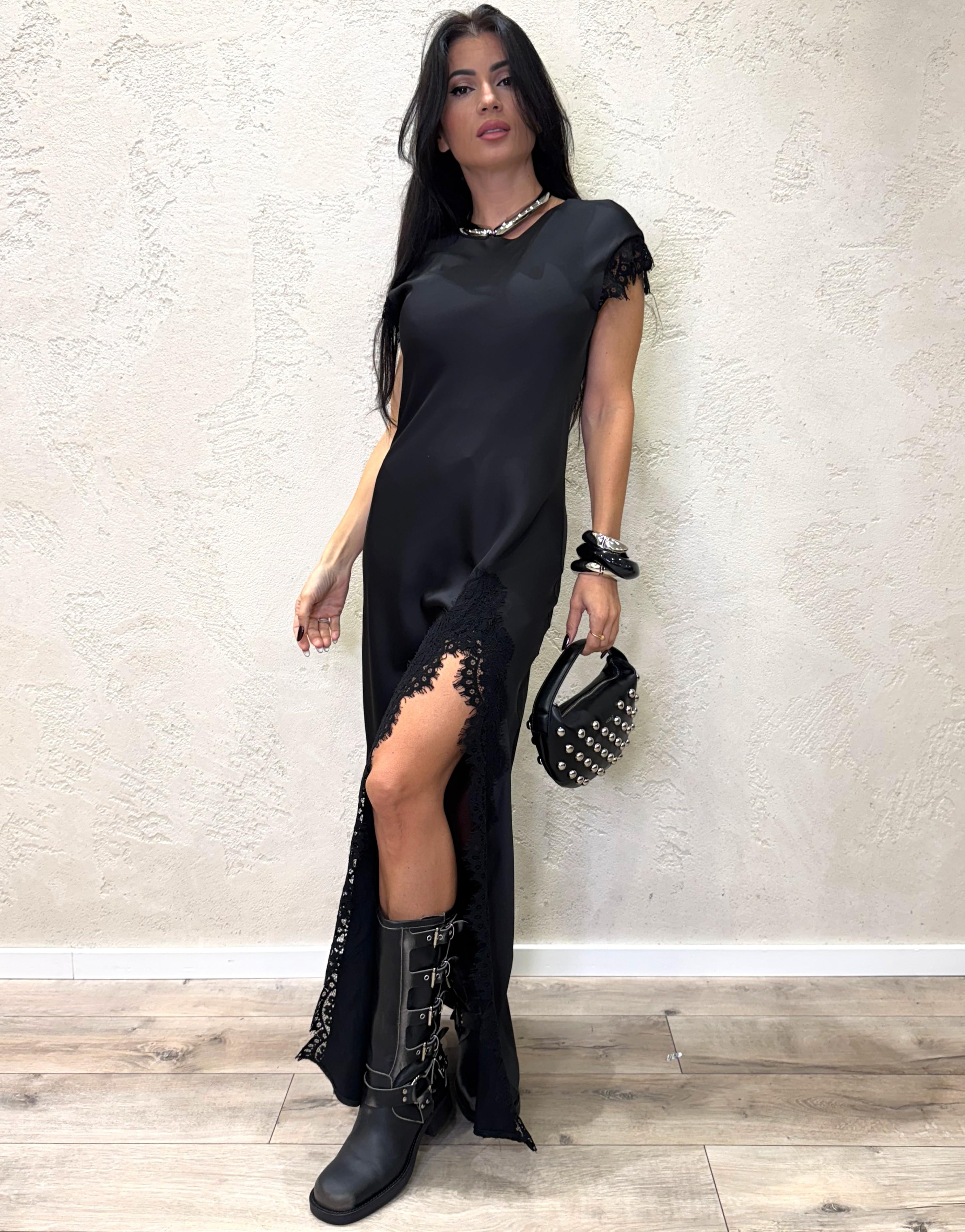 abito lungo in satin con inserti in pizzo W25A258 NERO MOTEL