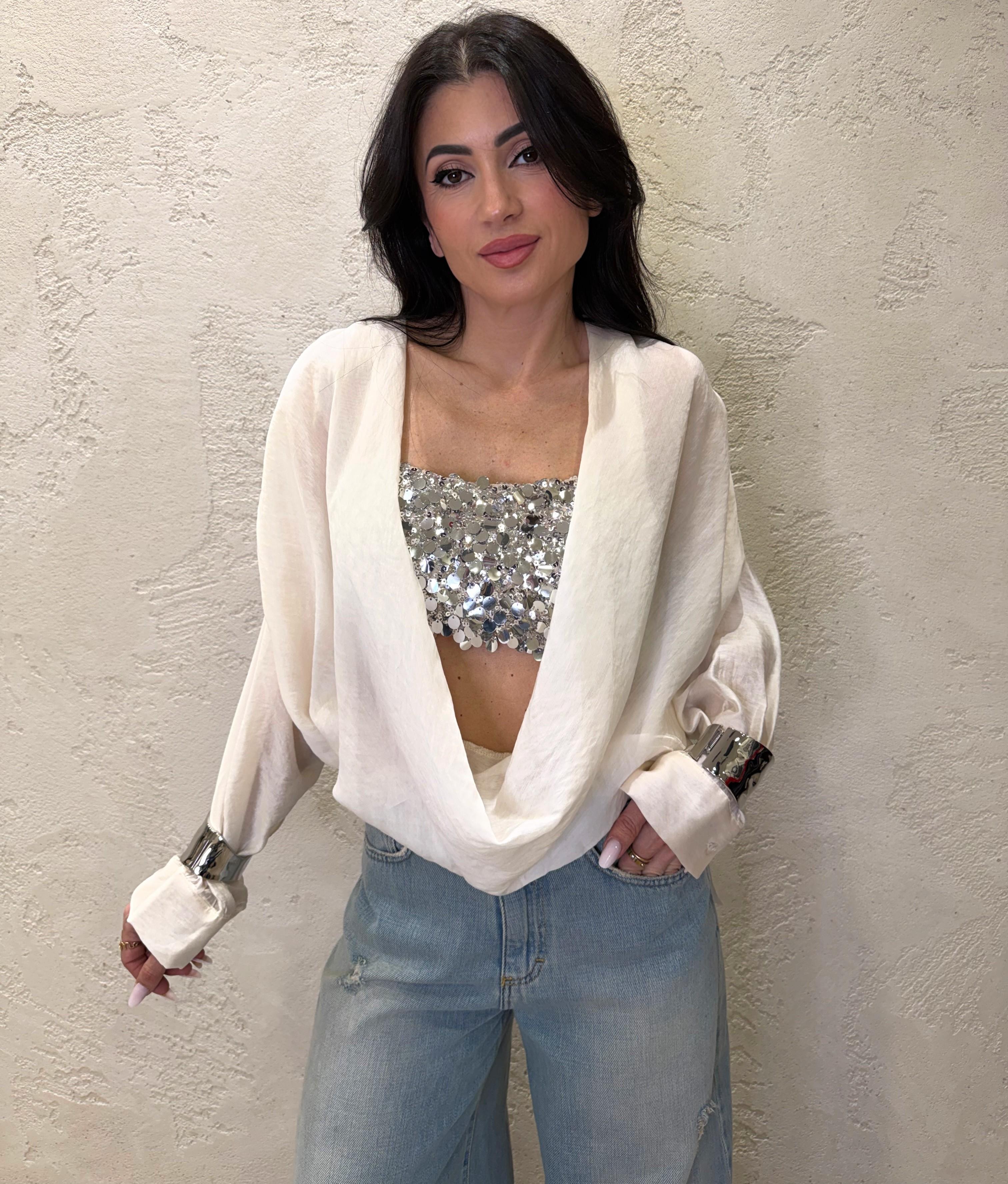 blusa morbida con top a fascia in pailettes CVS-Q071 BURRO HAVEONE
