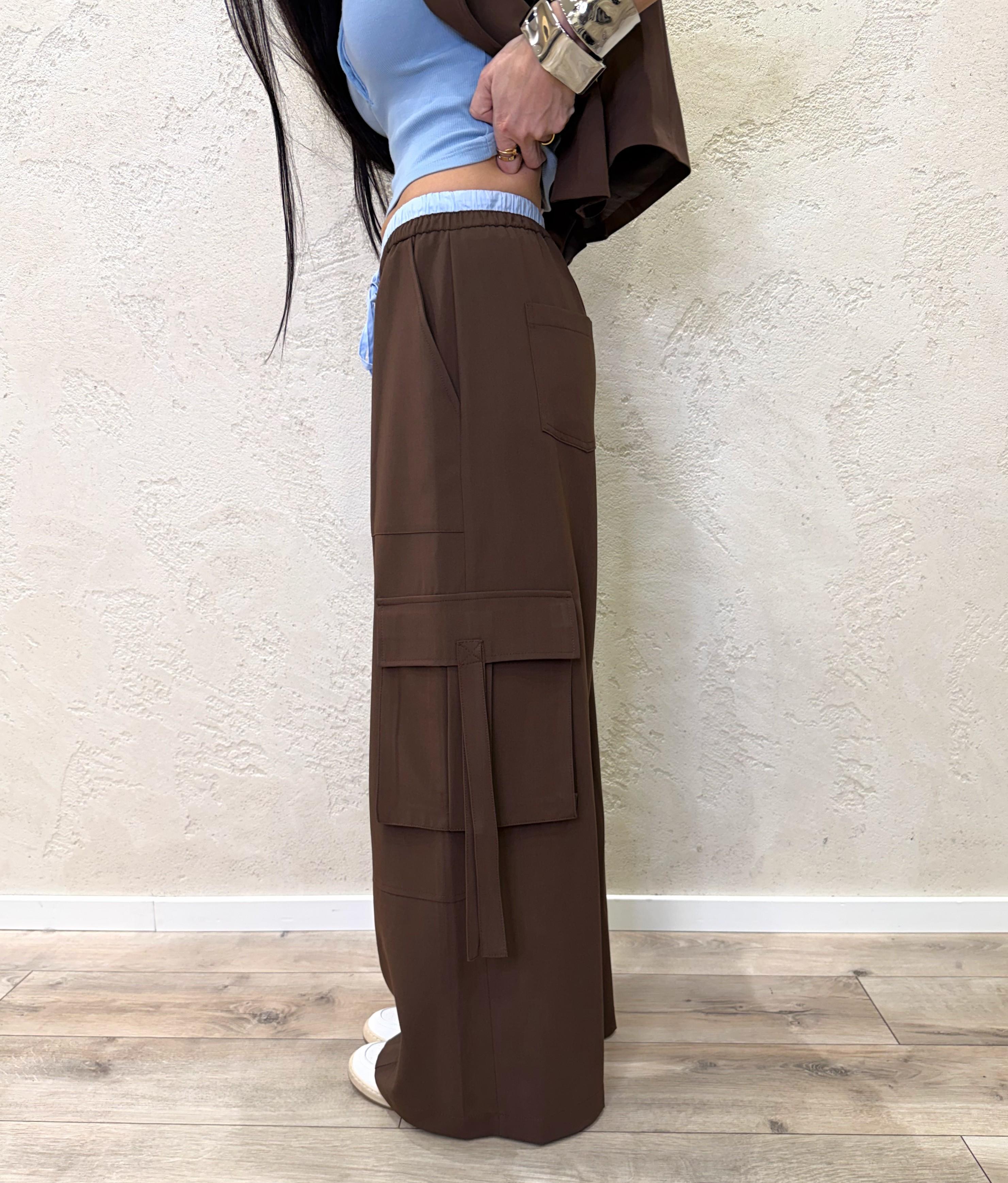 pantaloni cargo a palazzo con vita elasticizzata finto boxer 26P3727 MORO TENSIONE IN