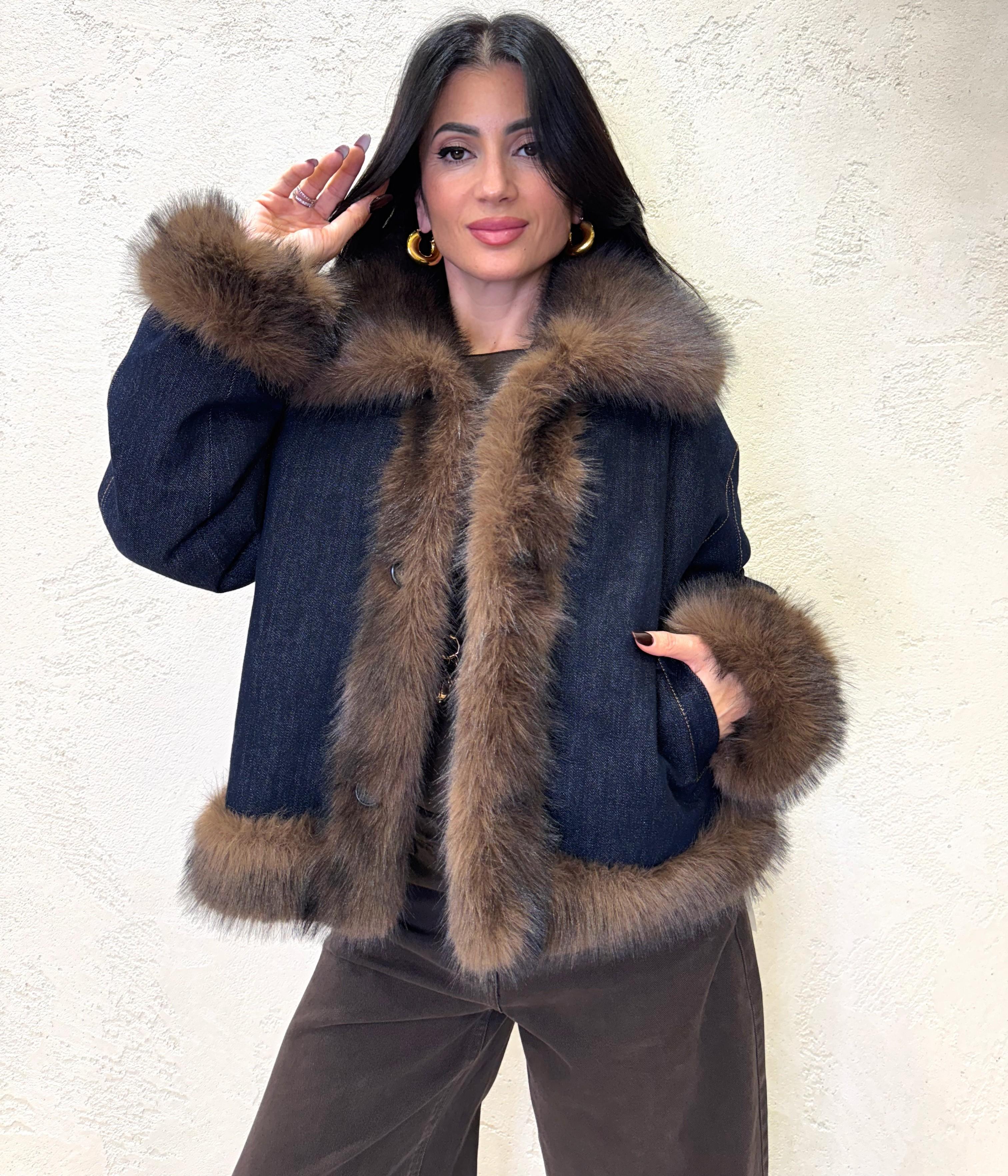 ecopelliccia reversibile con interno in denim TF0079 DENIM/MARRONE VICOLO