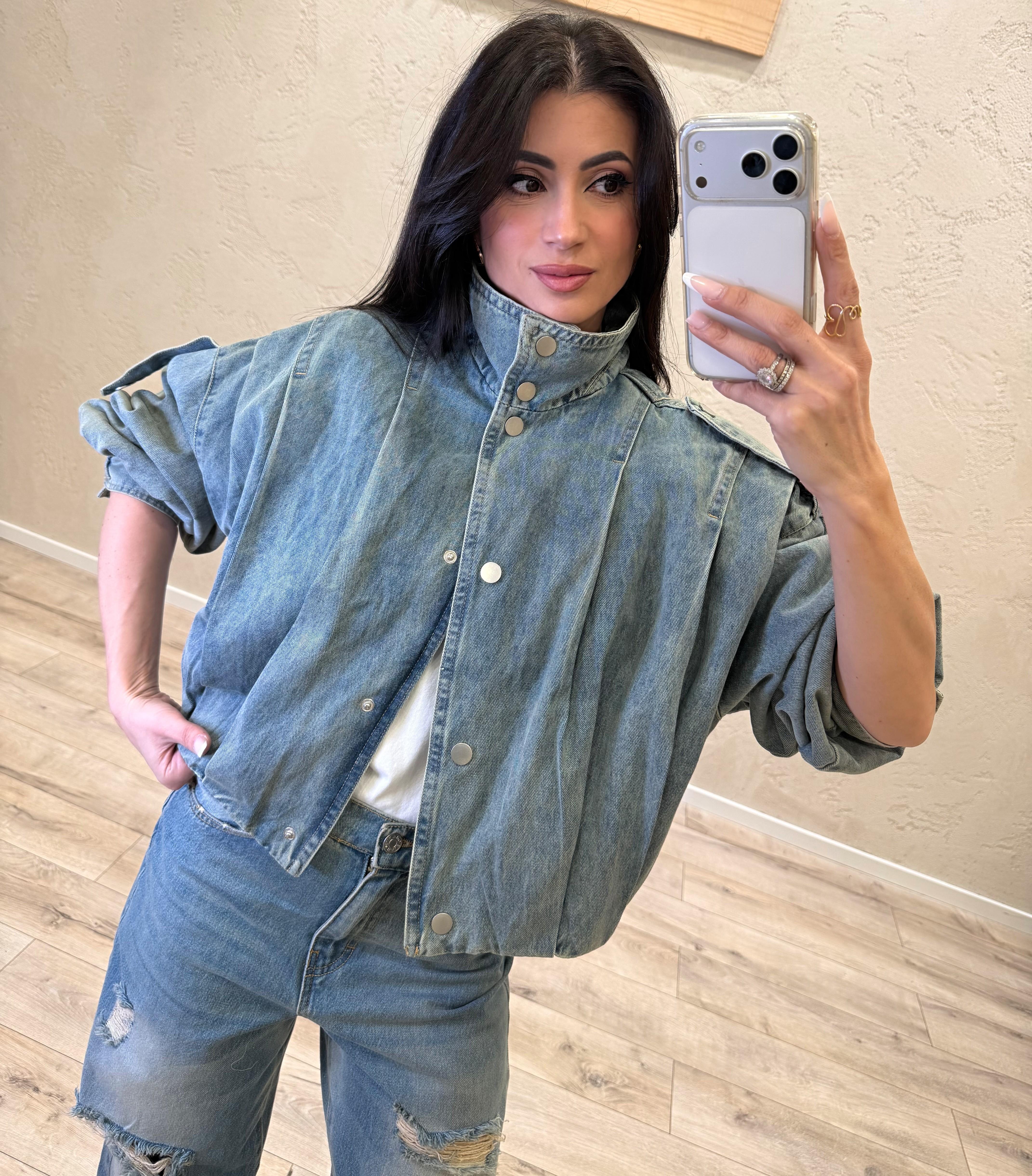bomber in jeans con collo alto e spalle strutturate 26061 JEANS SUSY MIX