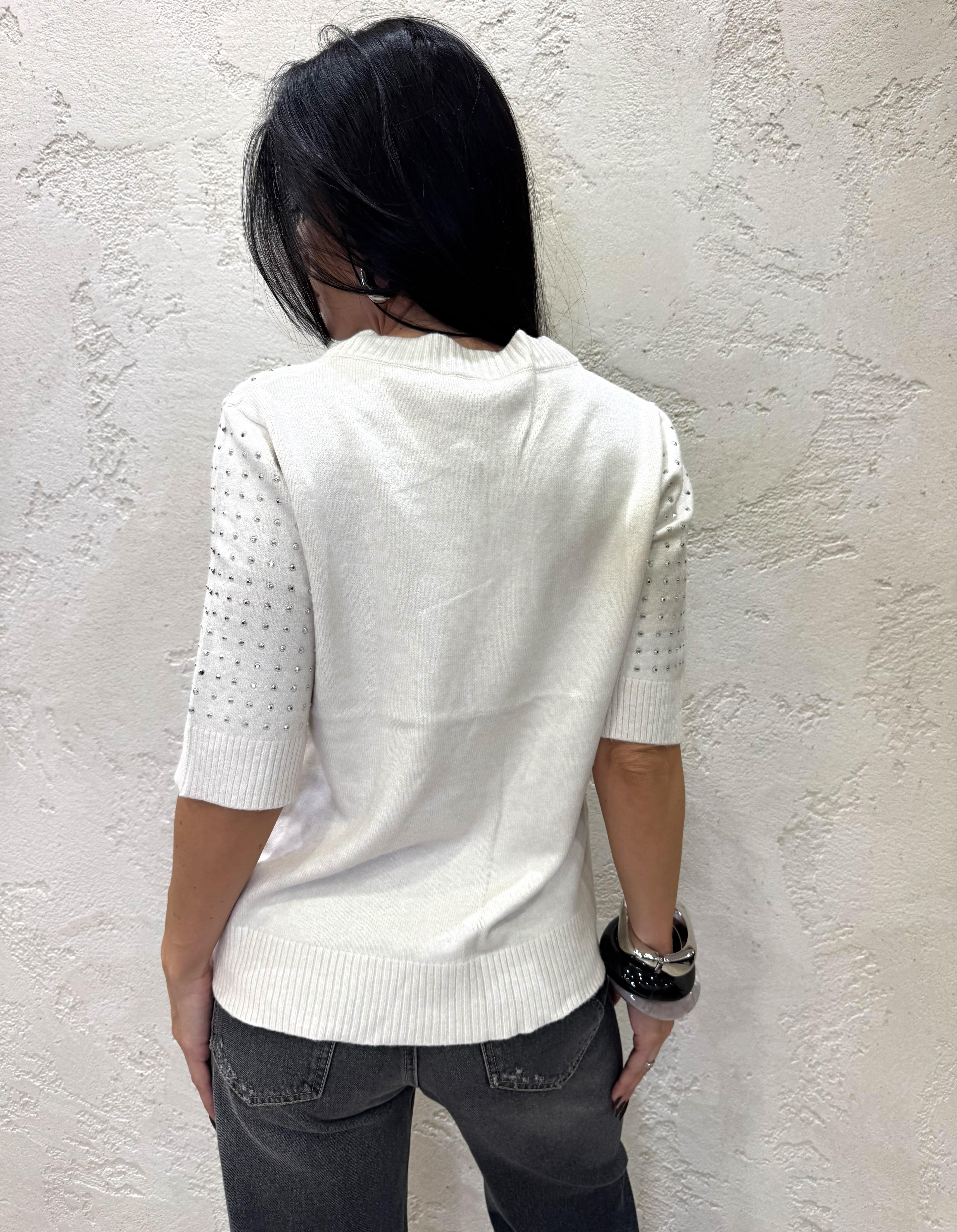 maglia maniche corte scollo a v con strass MMVSTRASS CREMA ELEVI