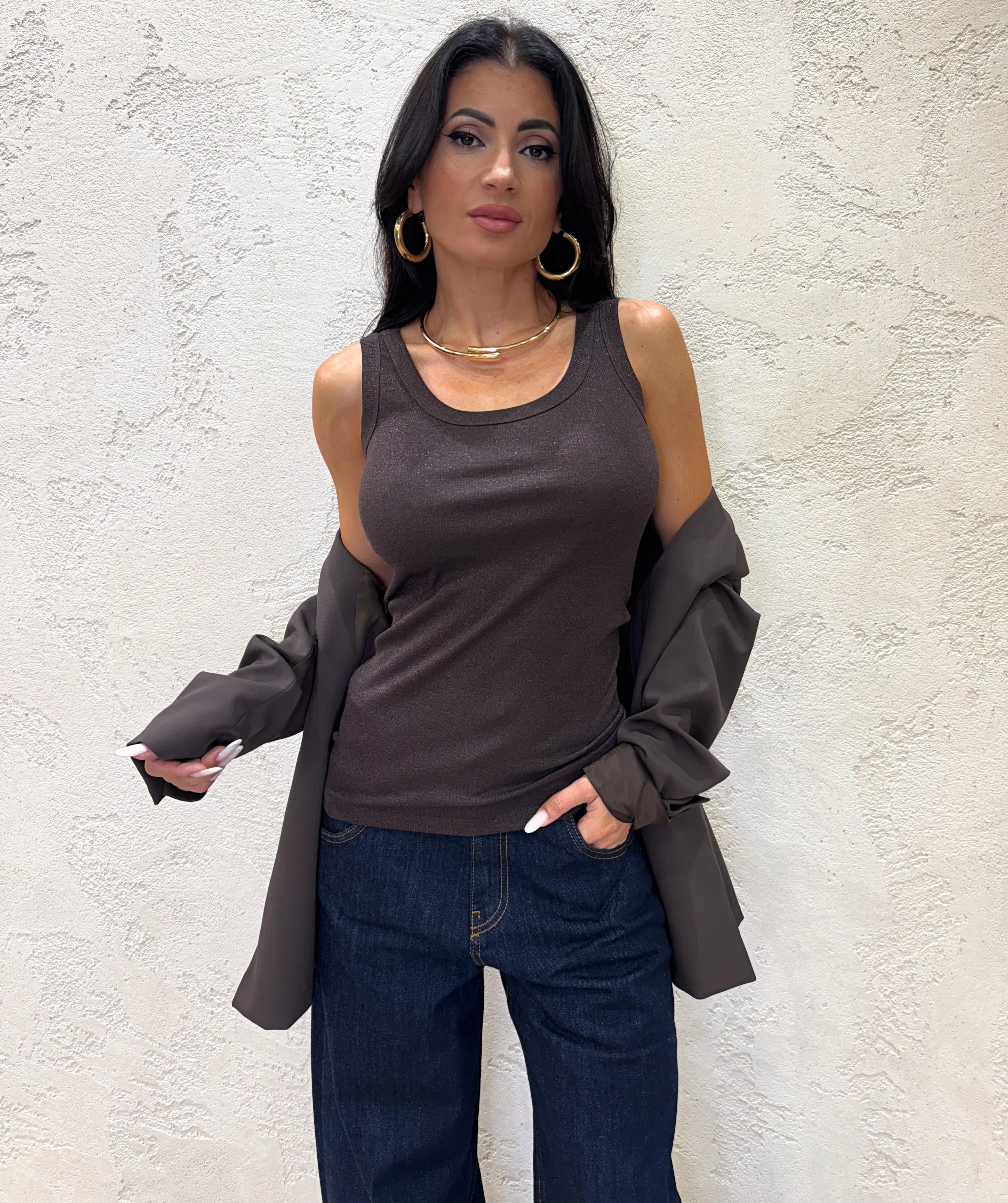 canotta in lurex a girocollo UF0055 MORO VICOLO