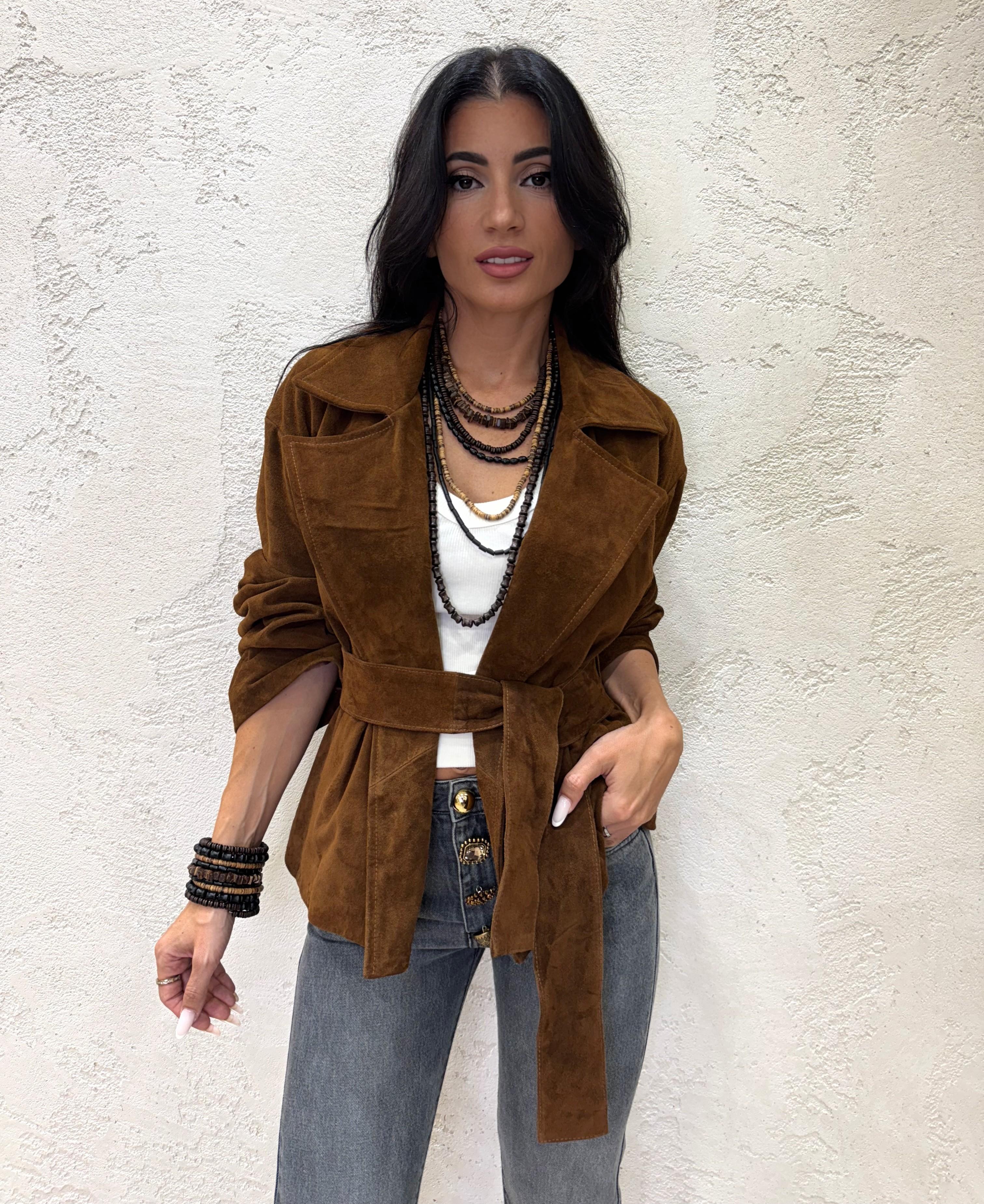giubbino in vera pelle scamosciata con cintura TF0269 COGNAC VICOLO