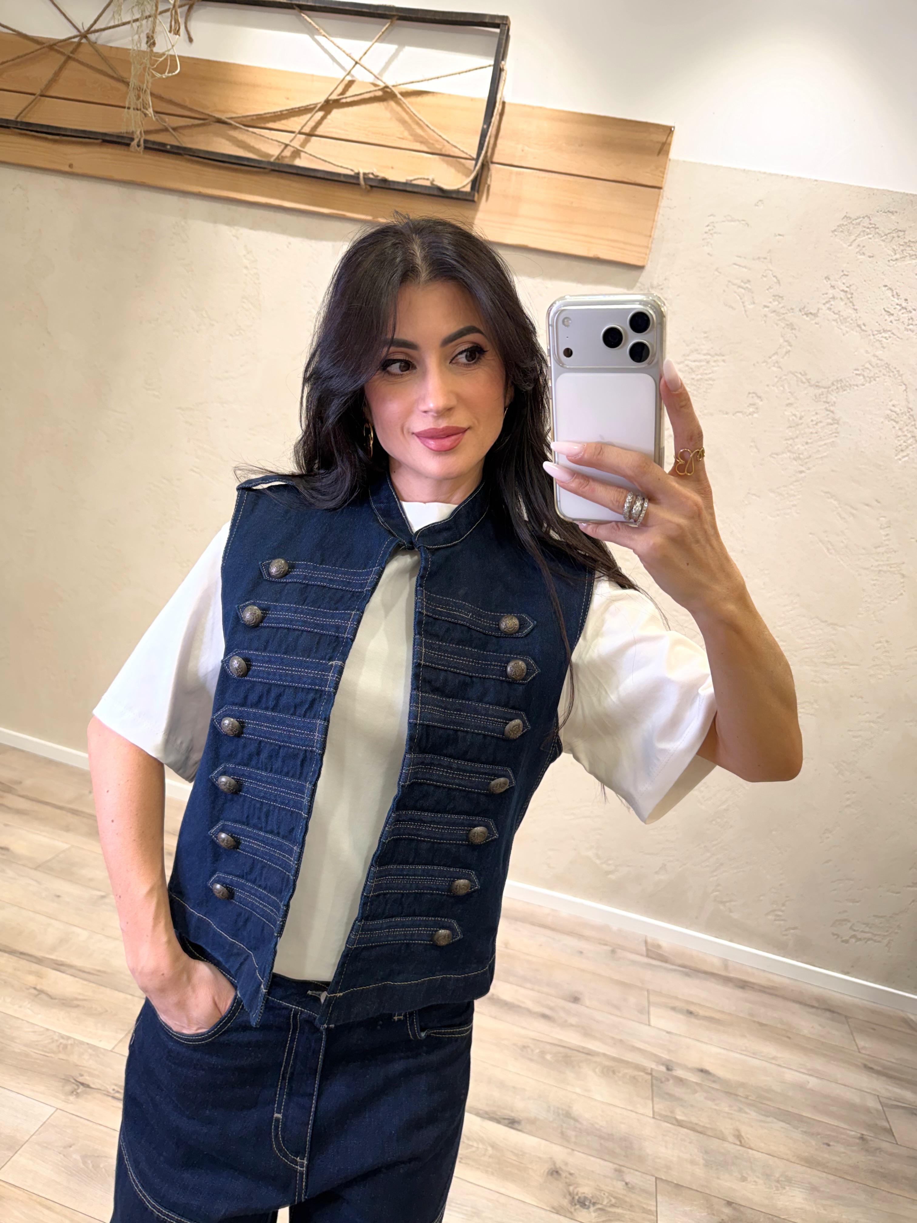 gilet napoleone in denim modello a scatoletta 38905 DENIM TENSIONE IN