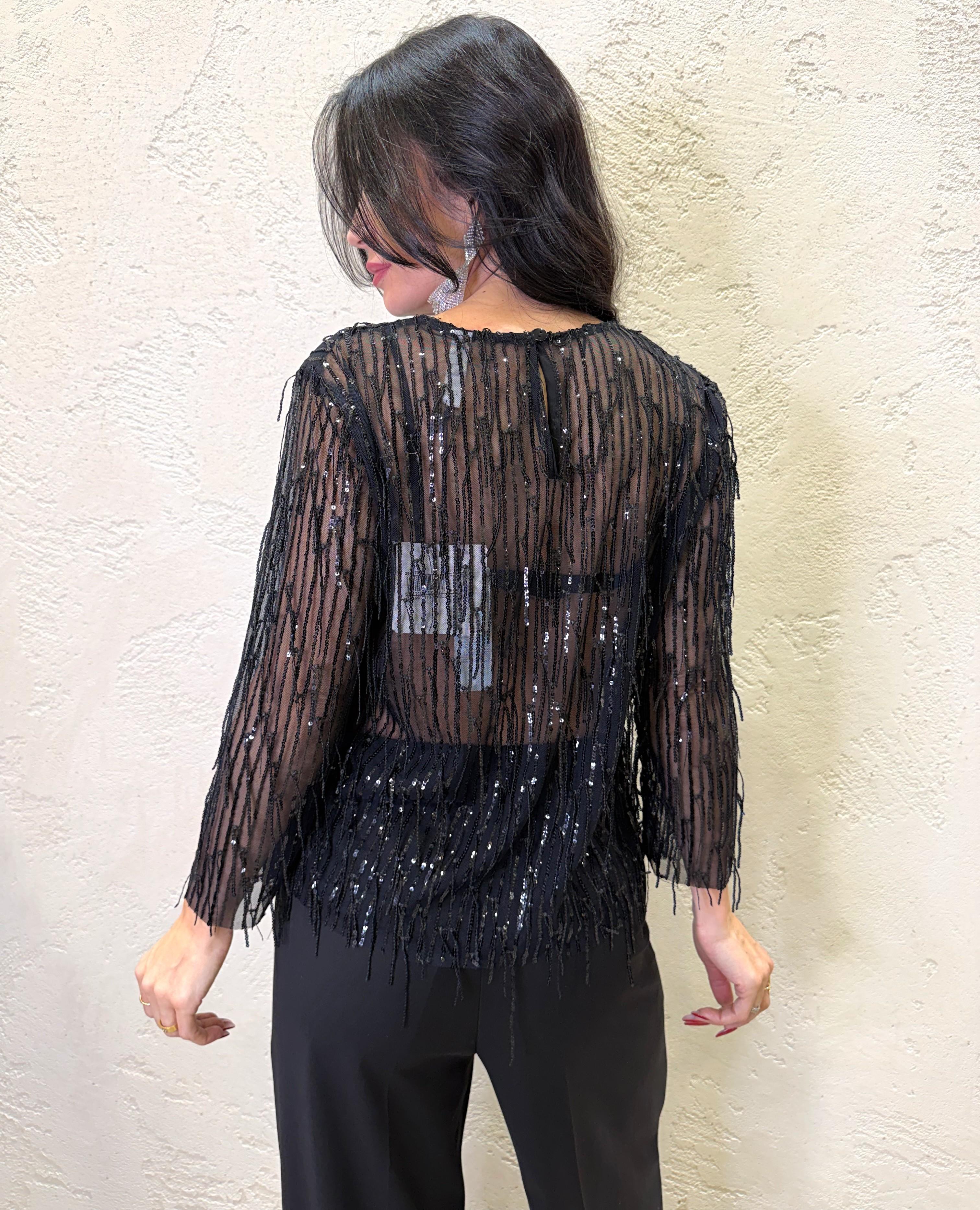 blusa in tulle con frange di pailettes 26C1737 NERO TENSIONE IN