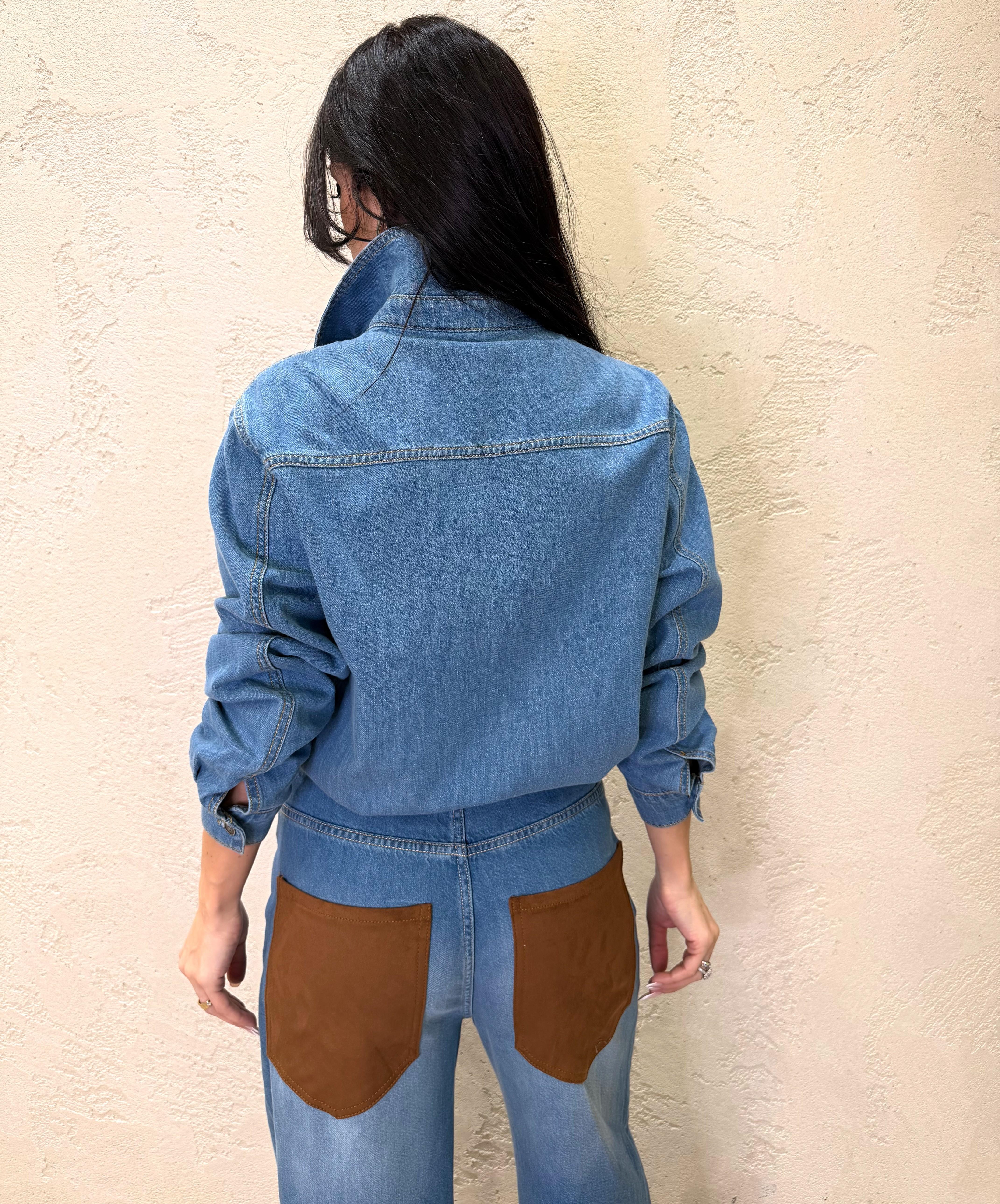 camicia ampia in jeans con tasca in camoscio 7181J116W555 JEANS TENSIONE IN