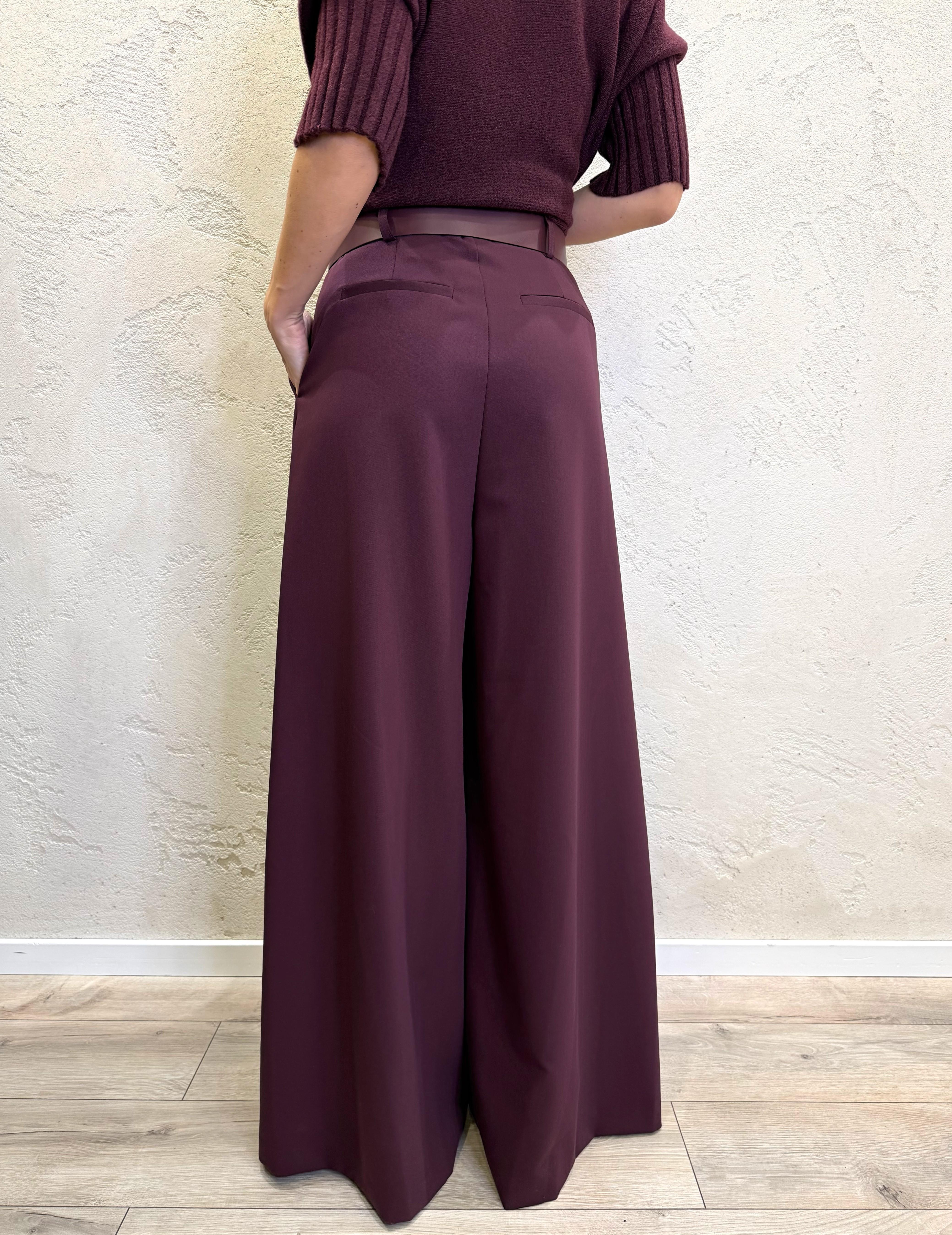 pantaloni palazzo a vita alta con pince P3U0KICM57 PRUGNA IMPERIAL