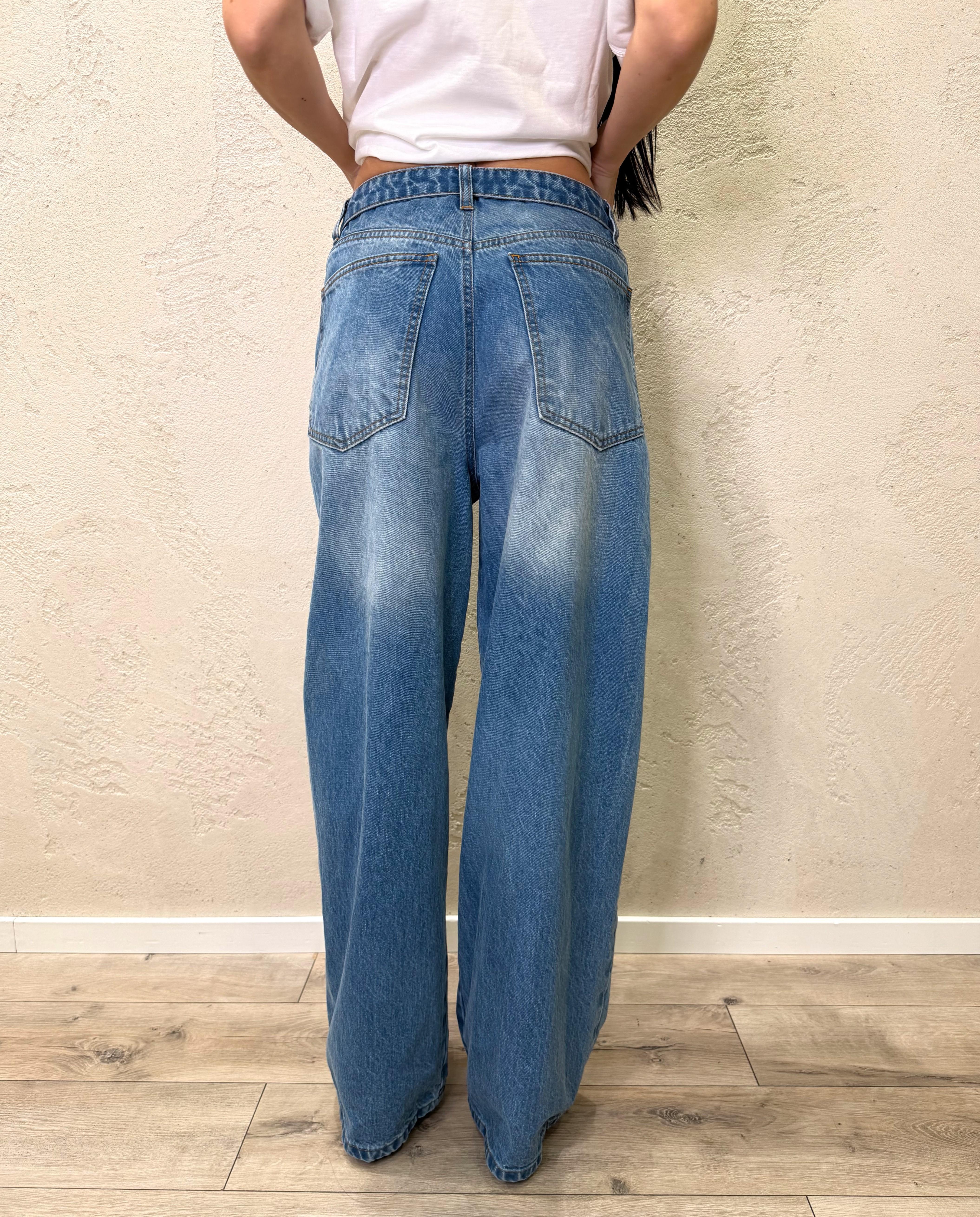 jeans modello baggy con vita rigirata P21103 DENIM SUSY MIX