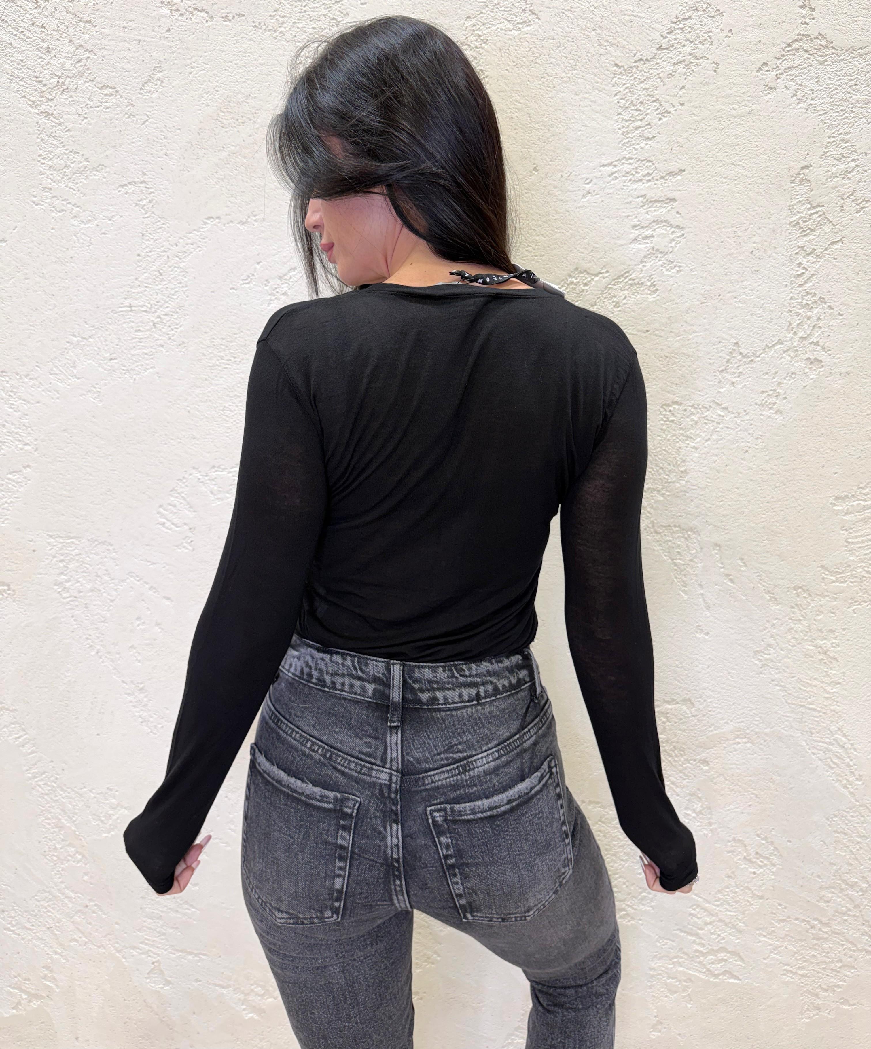 maglia misto cashmere con scollo a v e bottoncini MJS-P208 NERO HAVEONE