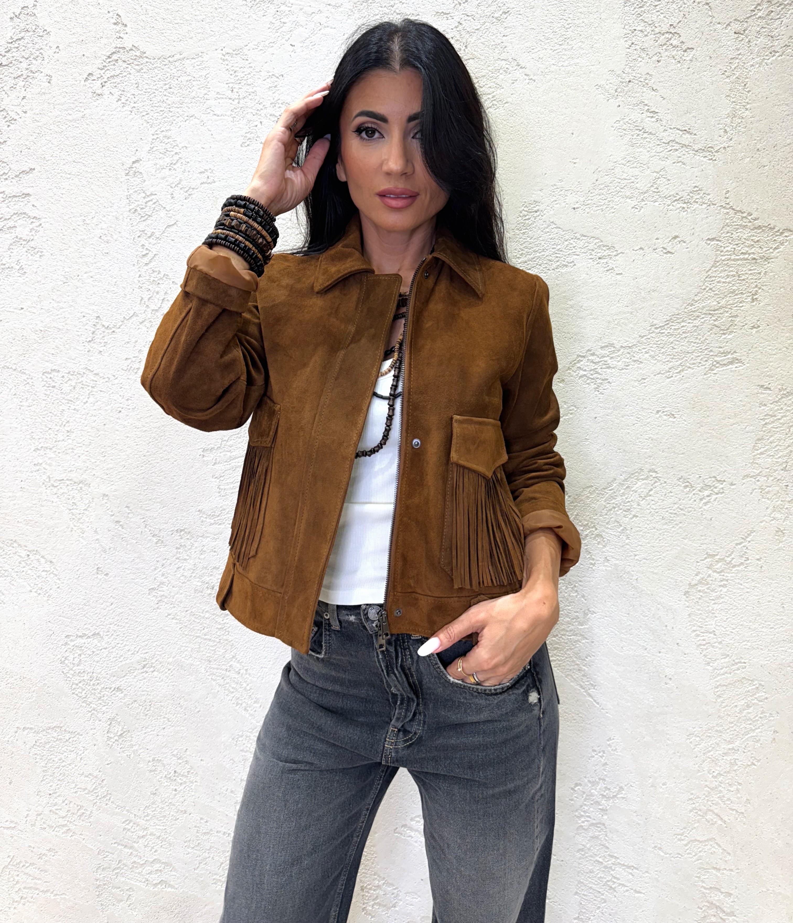 giubbino in vera pelle scamosciata con frange TF0328 COGNAC VICOLO