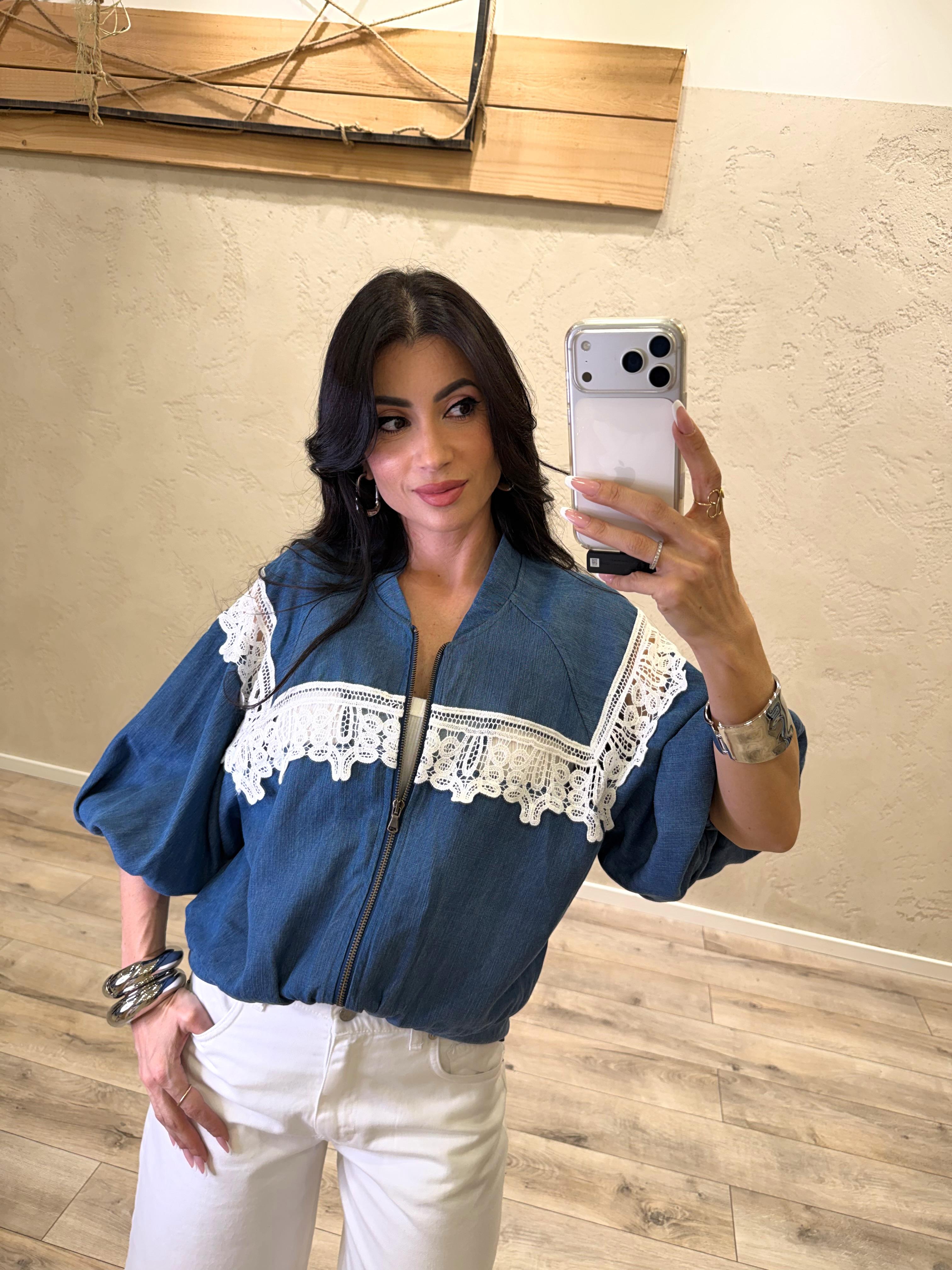 bomber in tela chambry con inserto macramè 390594 JEANS MOTEL