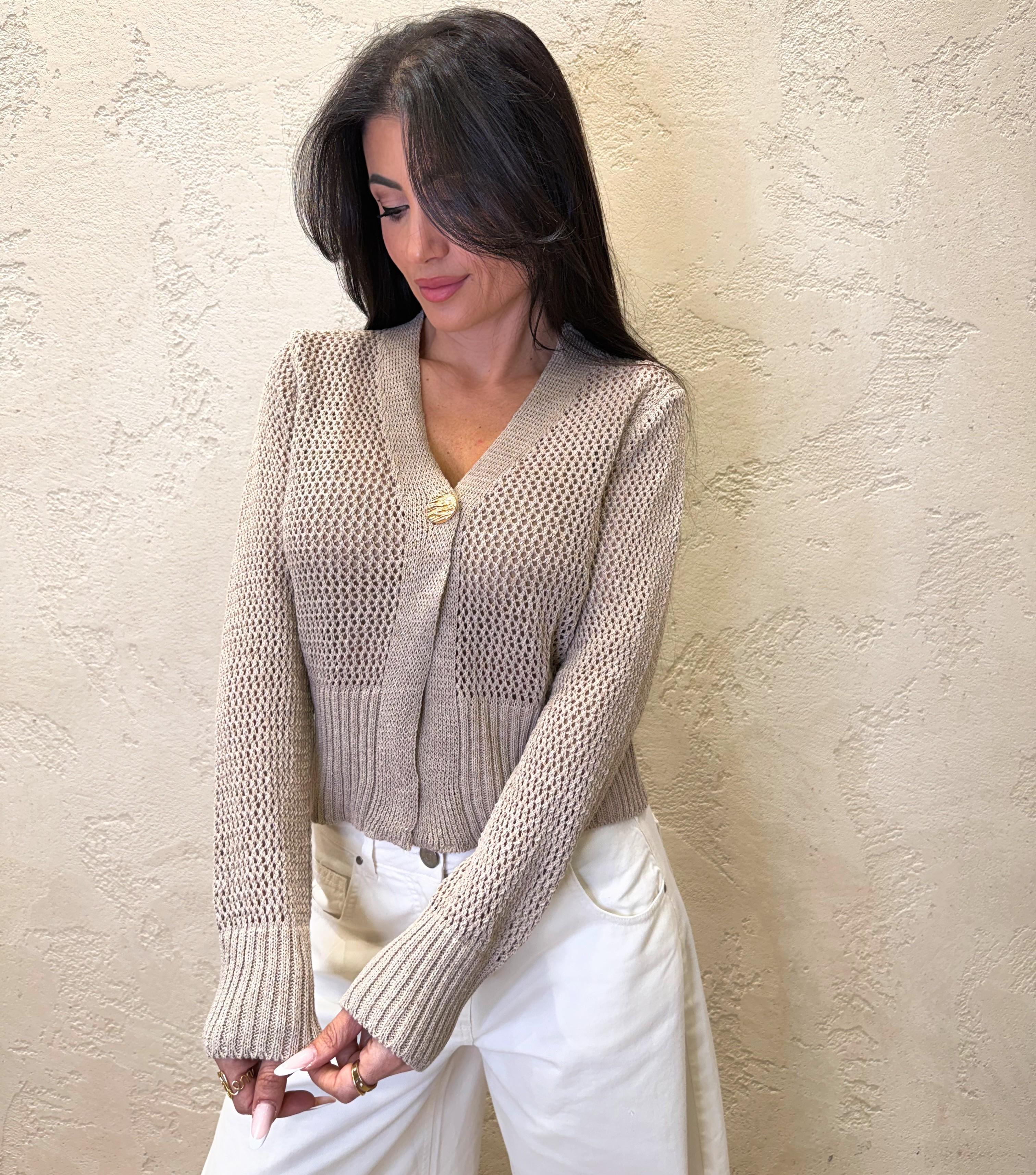 cardigan in maglia traforato con bottone singolo 26216 CORDA SUSY MIX