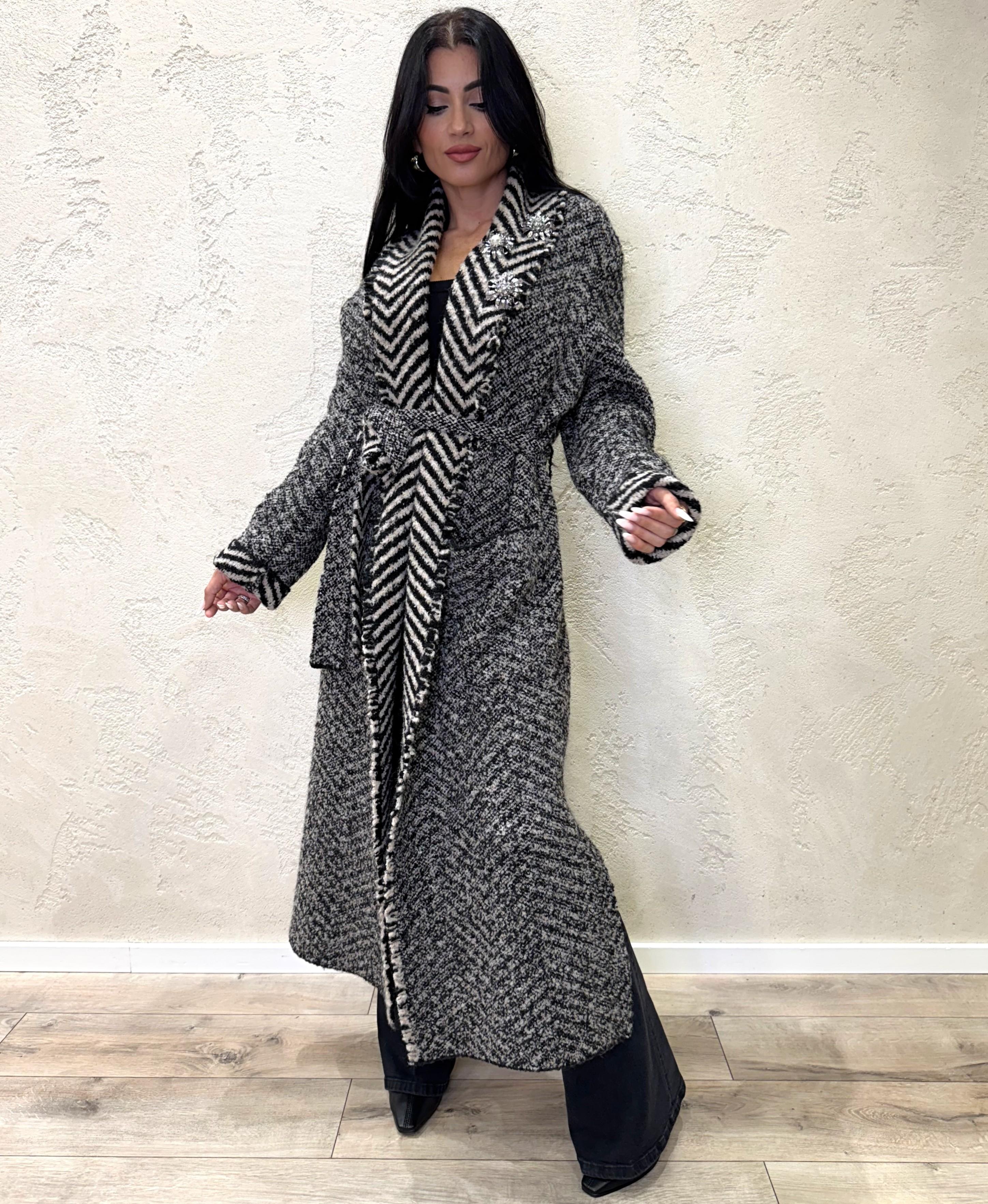 cappotto lungo misto lana con spille gioiello 55001F NERO/BEIGE VICOLO
