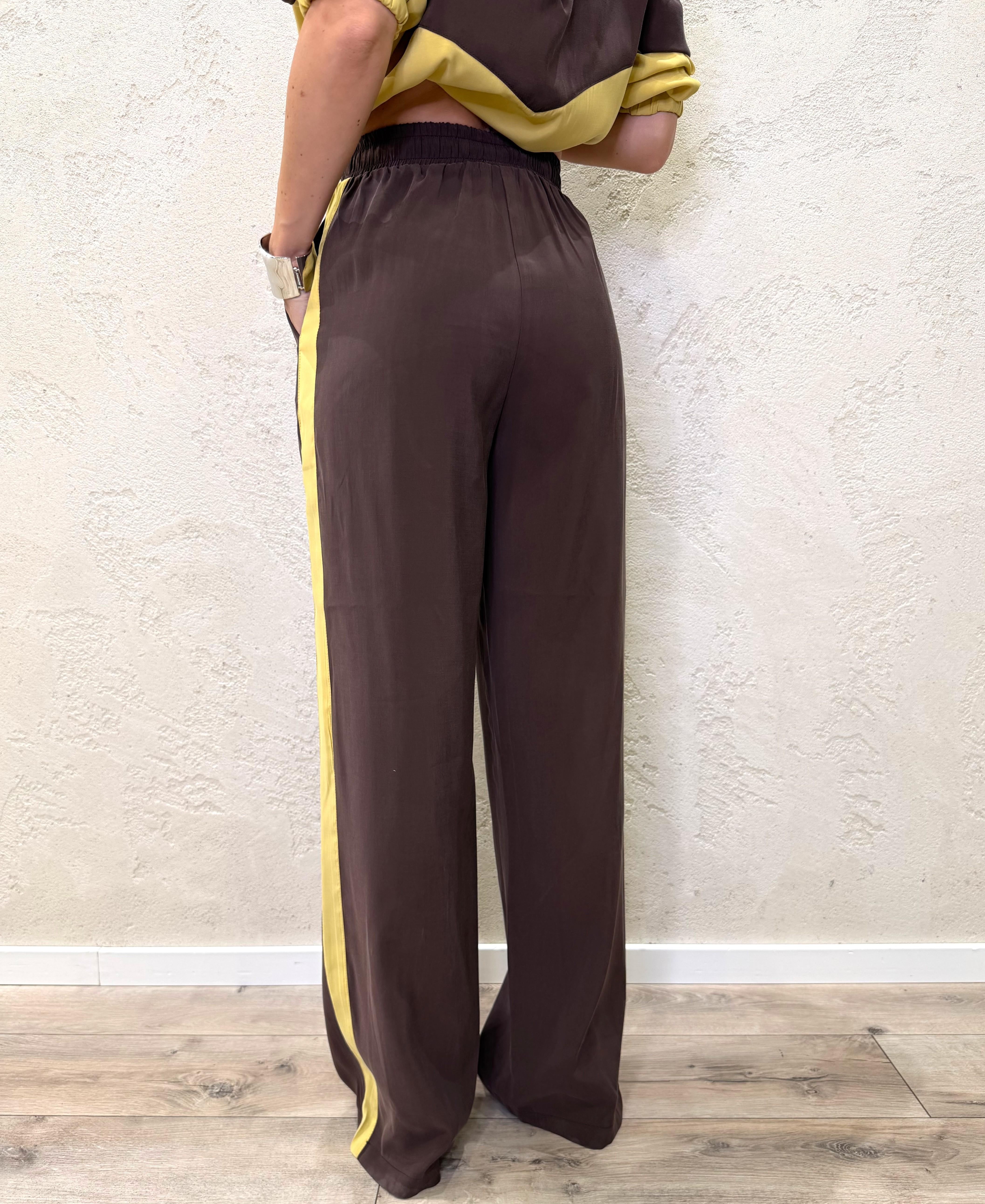 pantaloni laurent modello a palazzo tessuto cupro 26P4584 MORO/GIALLO TENSIONE IN