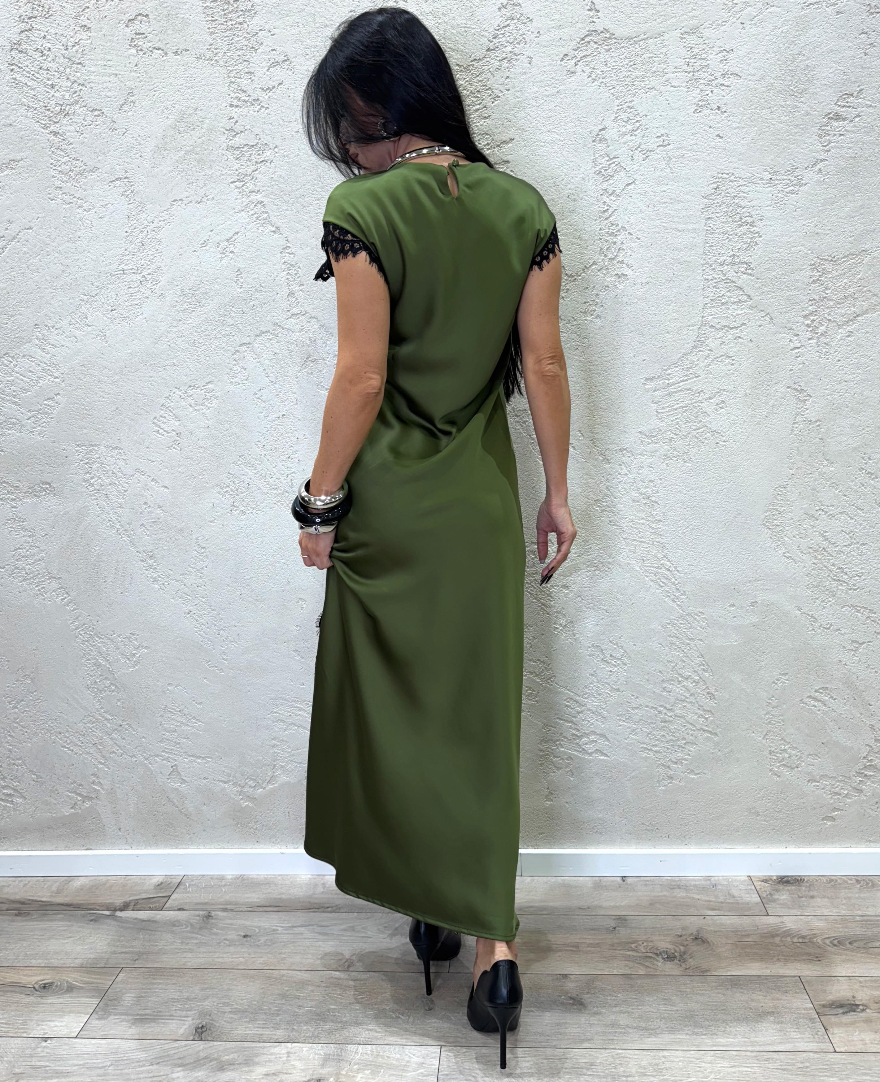 abito lungo in satin con inserti in pizzo W25A258 MILITARE MOTEL