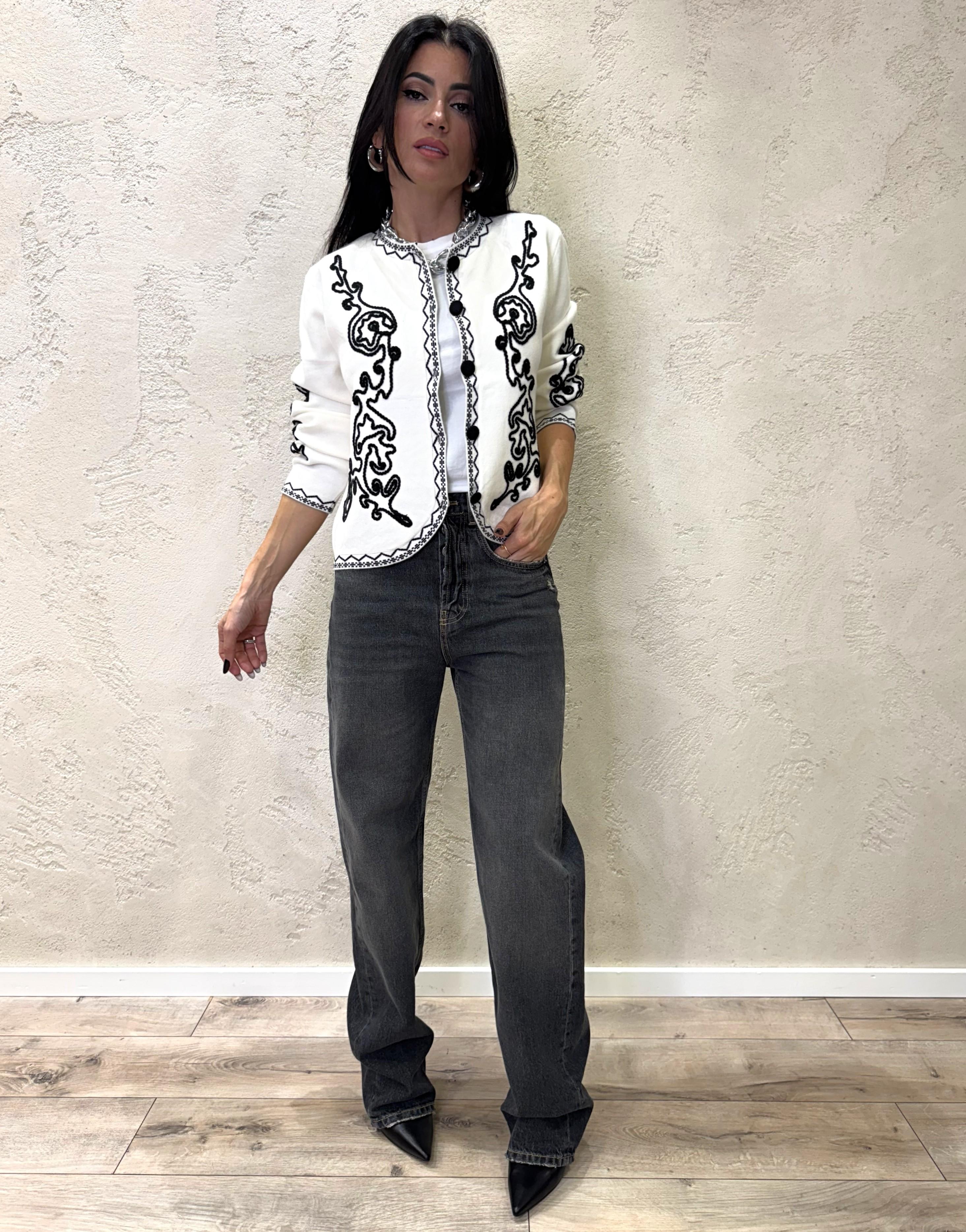 cardigan girocollo con ricamo CARGCDIS BIANCO/NERO ELEVI