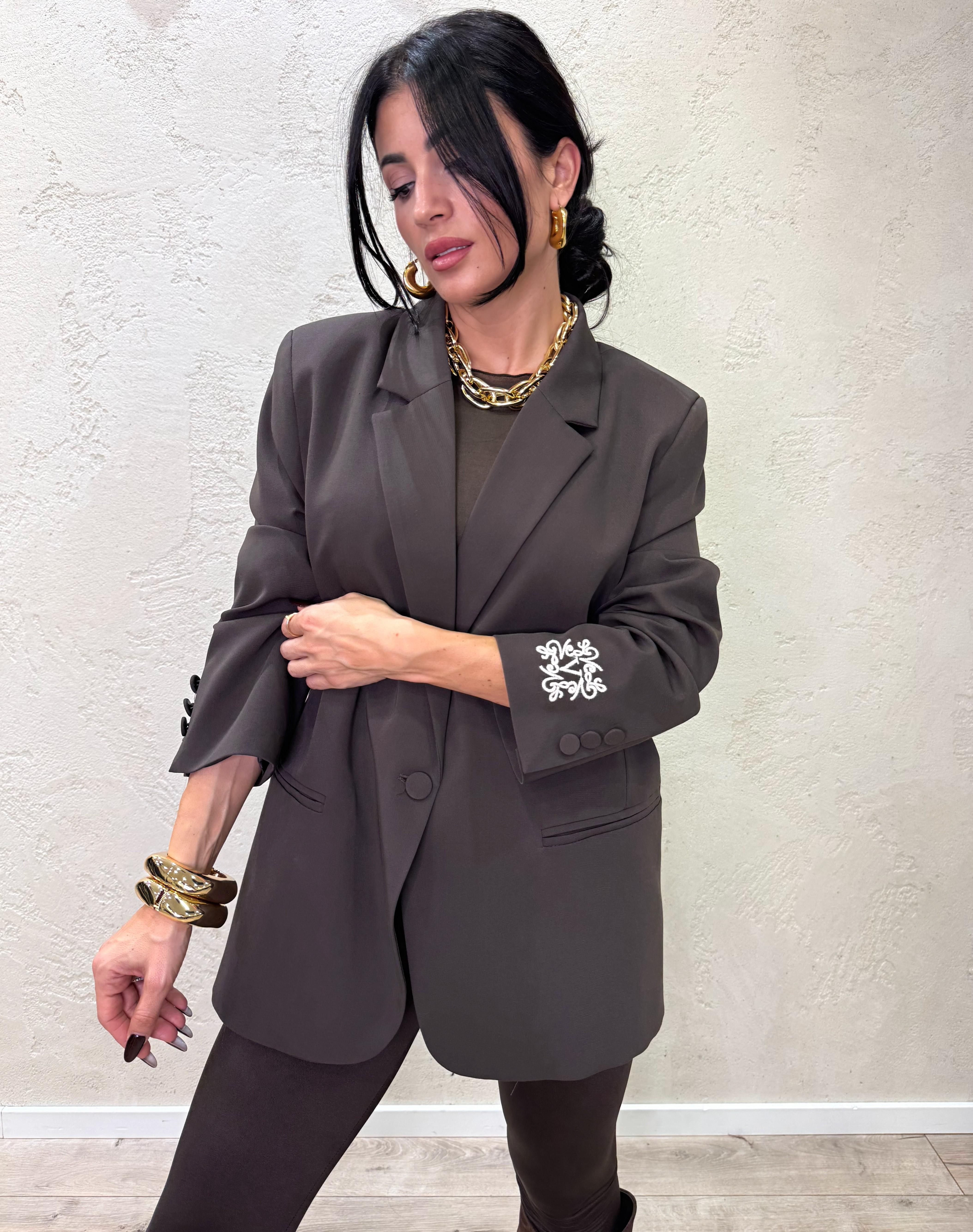 blazer over con ricamo sulla manica RF0235 MORO VICOLO