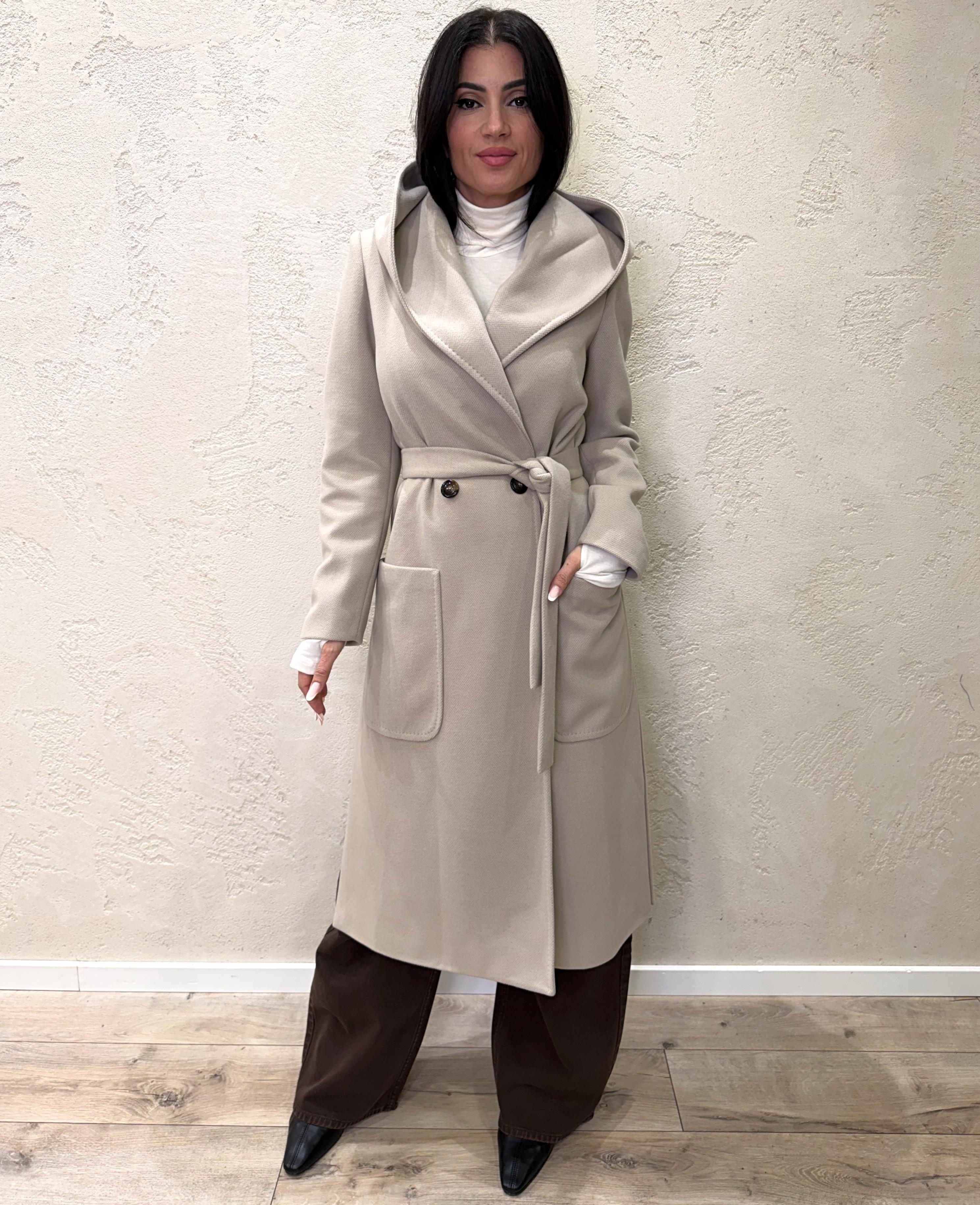 cappotto lungo doppio petto con cappuccio e cintura 9999MRKAI25 AVORIO TENSIONE IN