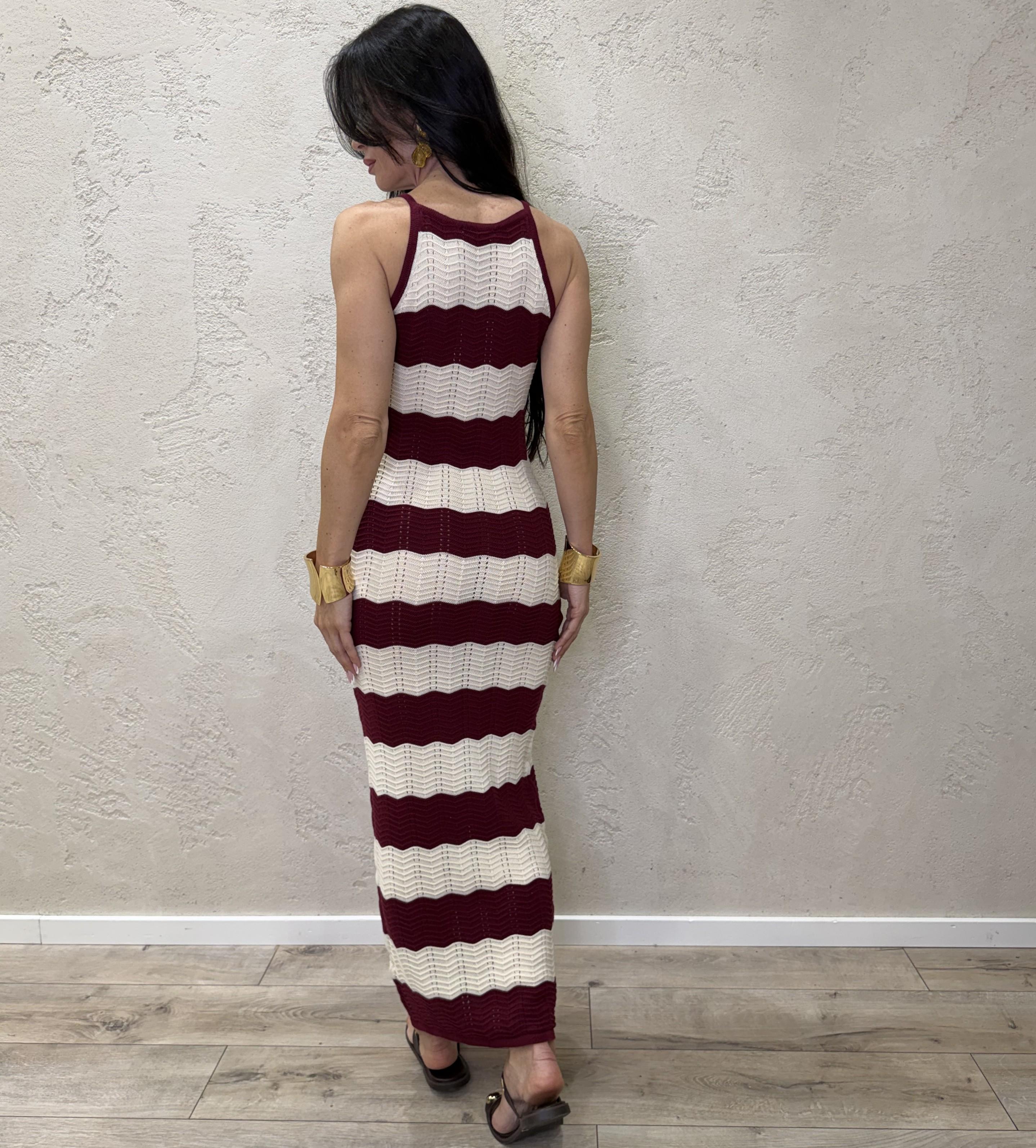 abito lungo in maglia con scollo all'americana a righe TAB7095 BORDEAUX/PANNA VICOLO
