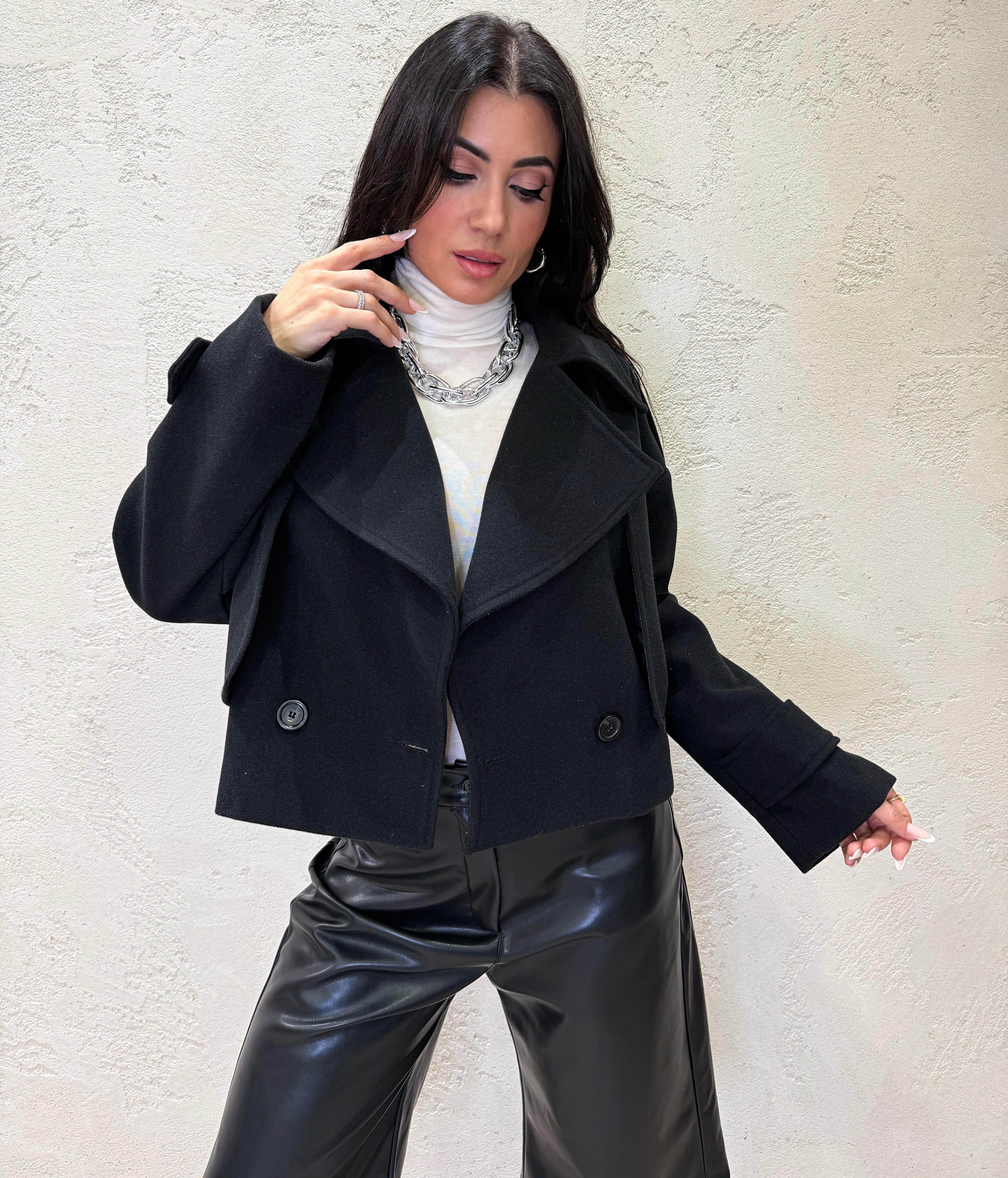 cappotto corto misto lana con chiusura doppio petto CP60SH NERO TENSIONE IN