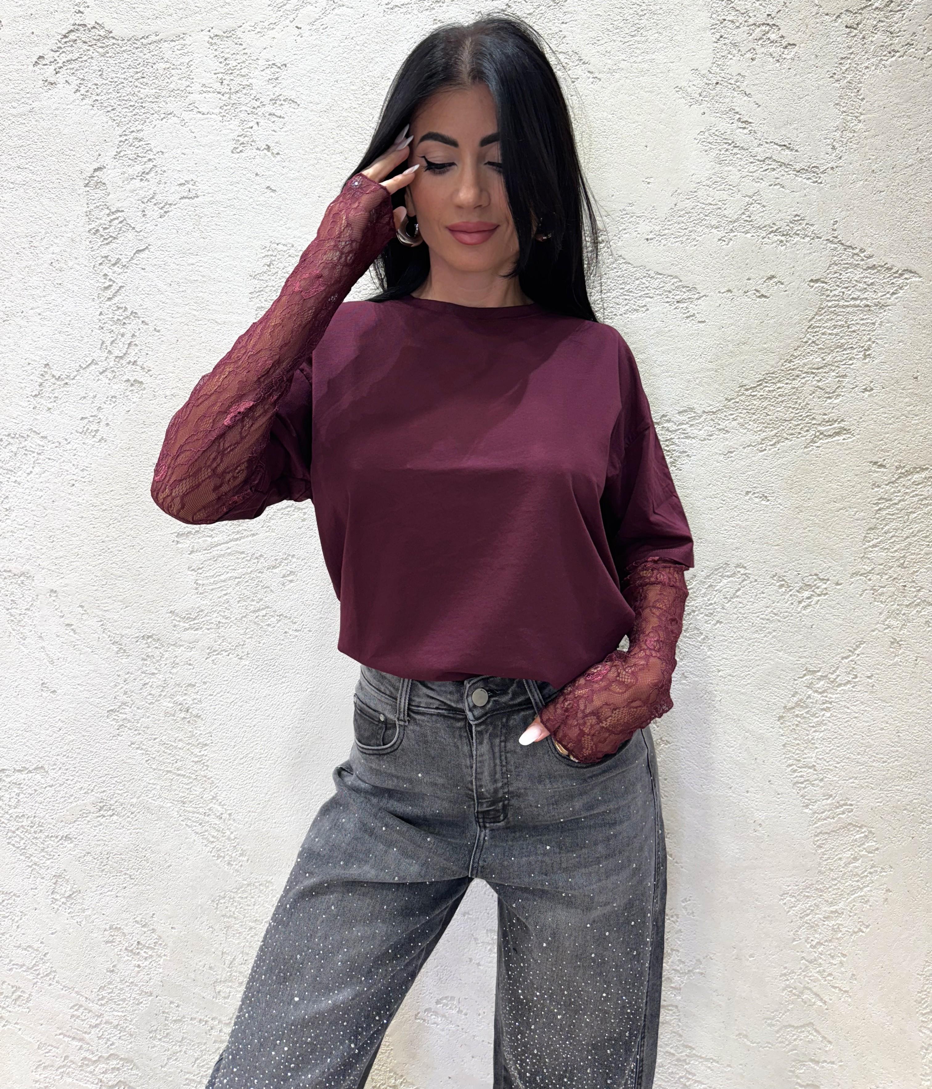t-shirt con maniche in pizzo 11073 VINO SUSY MIX