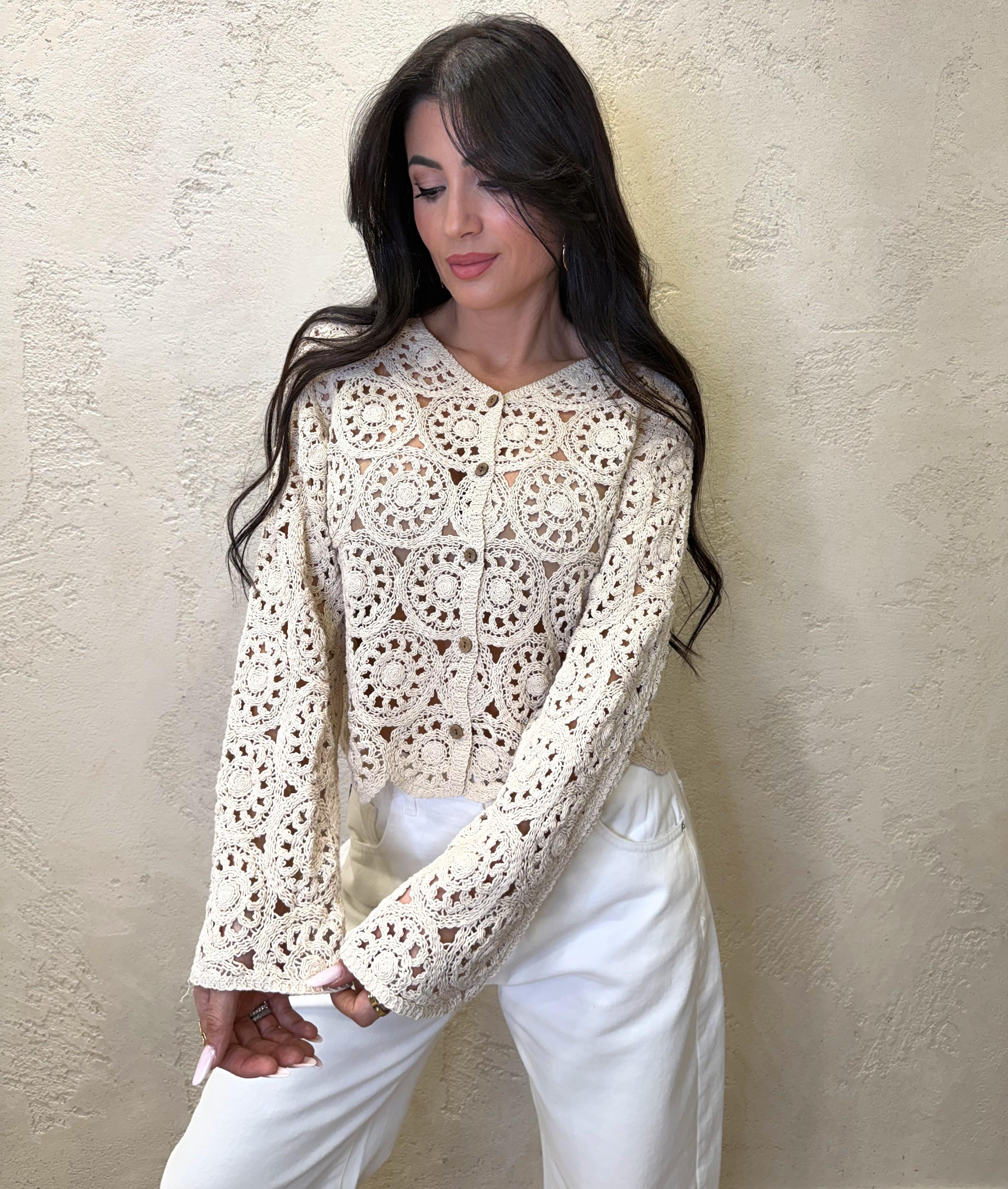 cardigan in crochet con bottoni in legno 2628005 LATTE SUSY MIX