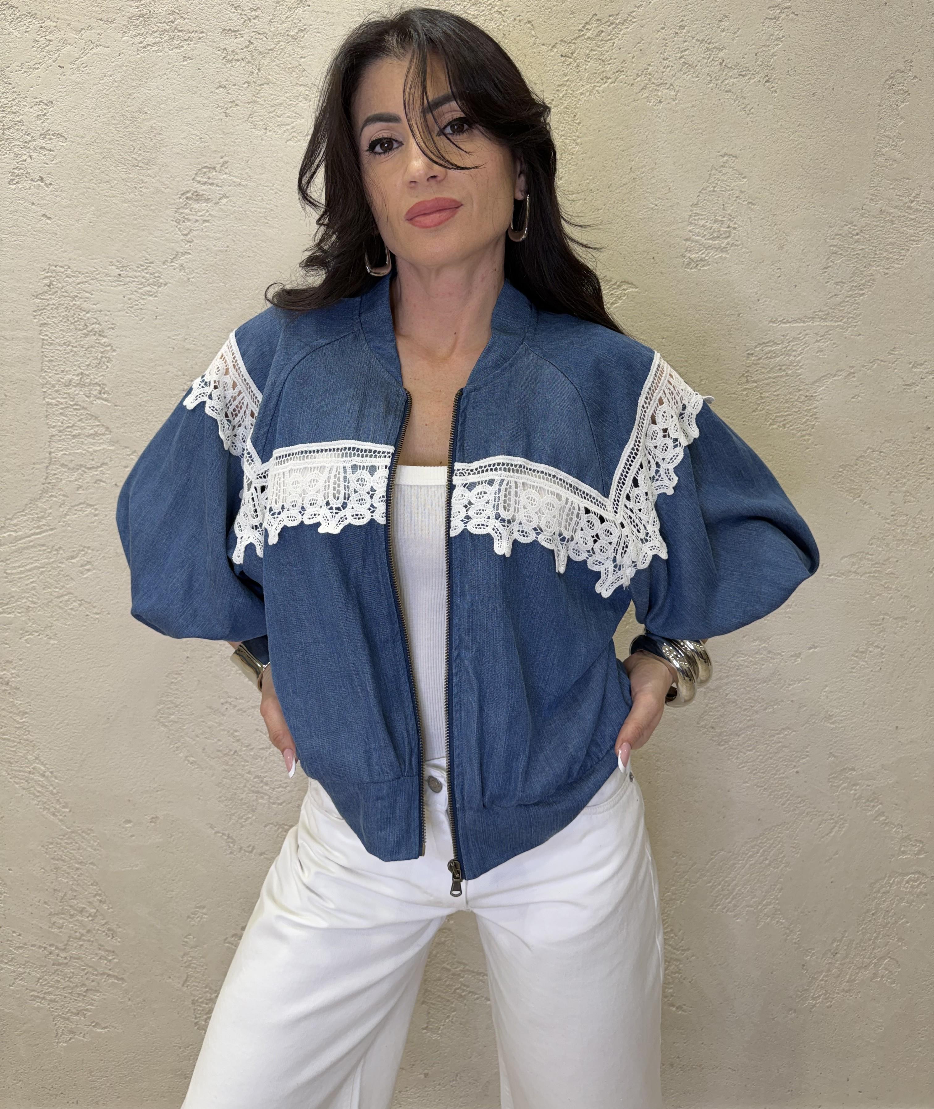 bomber in tela chambry con inserto macramè 390594 JEANS MOTEL
