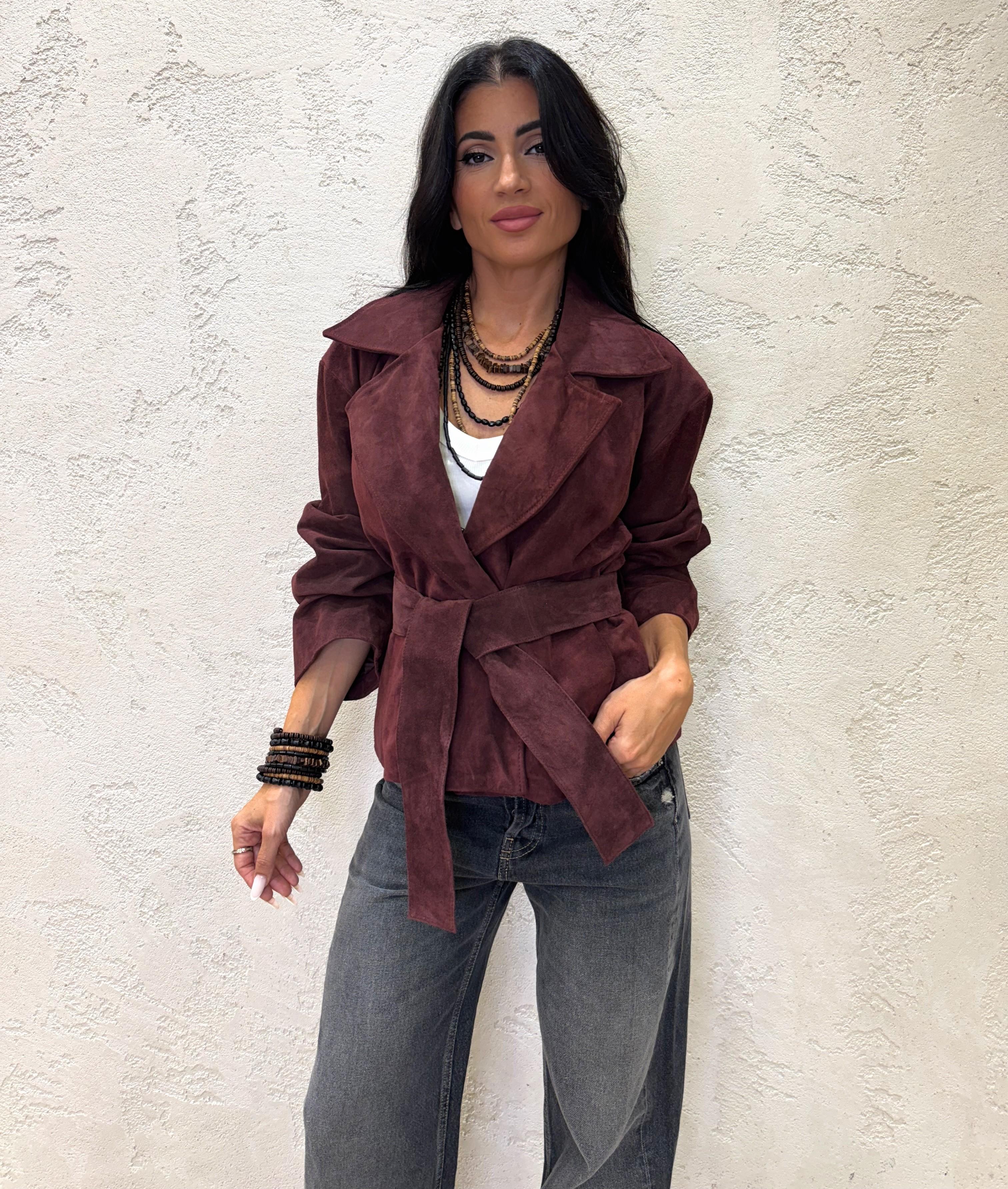 giubbino in vera pelle scamosciata con cintura TF0269 VINO VICOLO