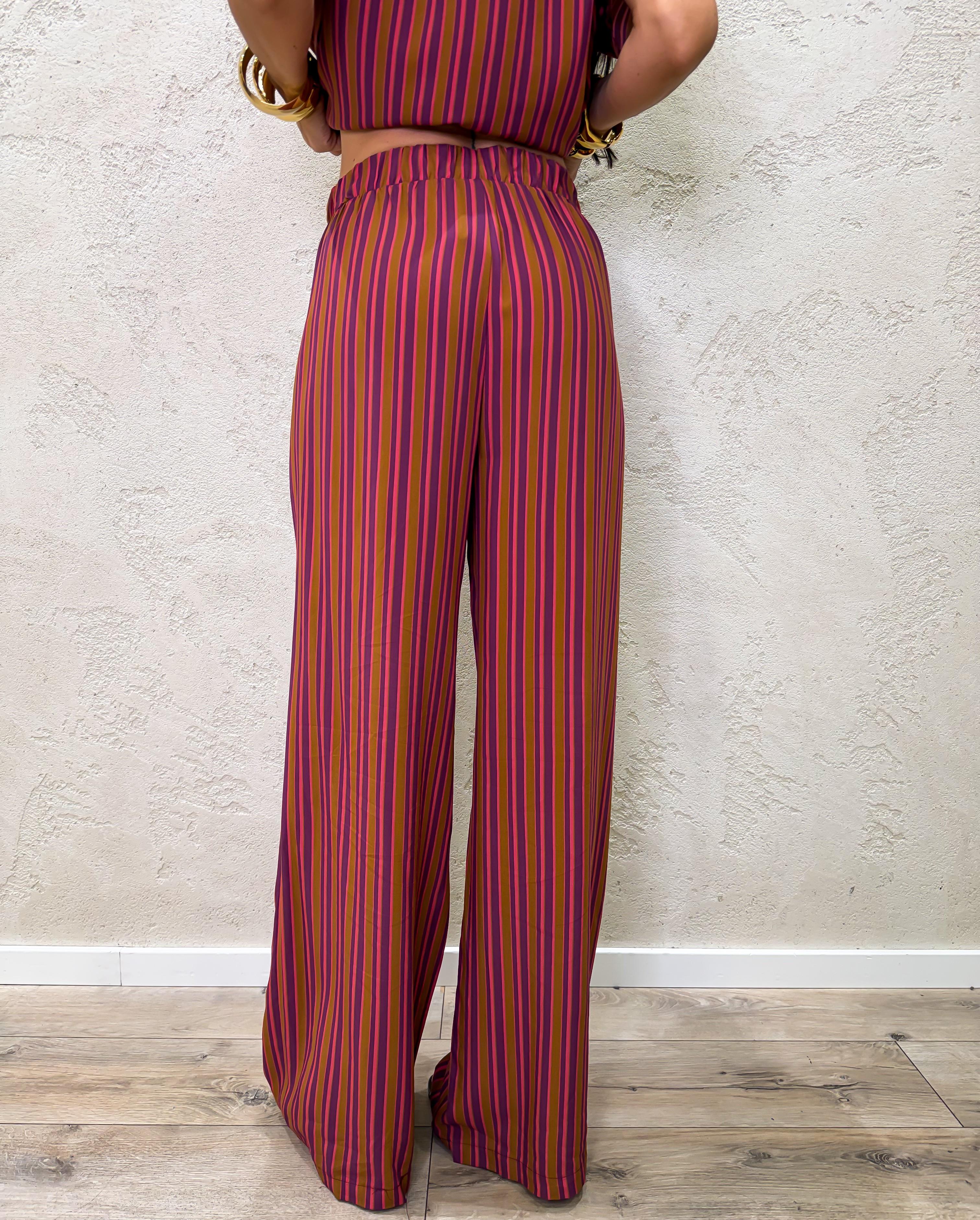 pantalone a palazzo in 100% viscosa fantasia a righe PMA-Q672 ROSA/BRUCIATO HAVEONE