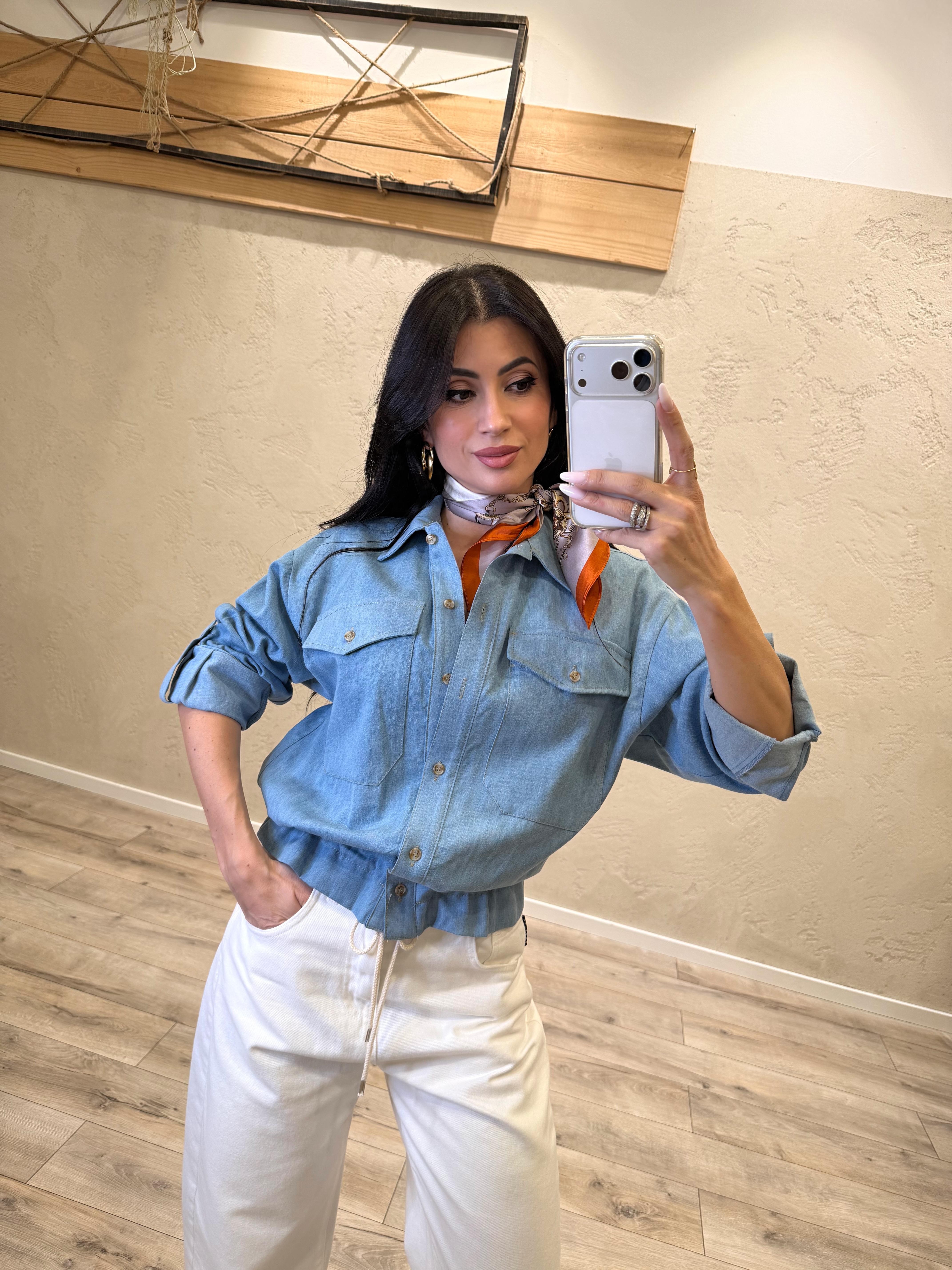camicia in chambray con coulisse in corda sul fondo C9990096 AZZURRO DENIM IMPERIAL
