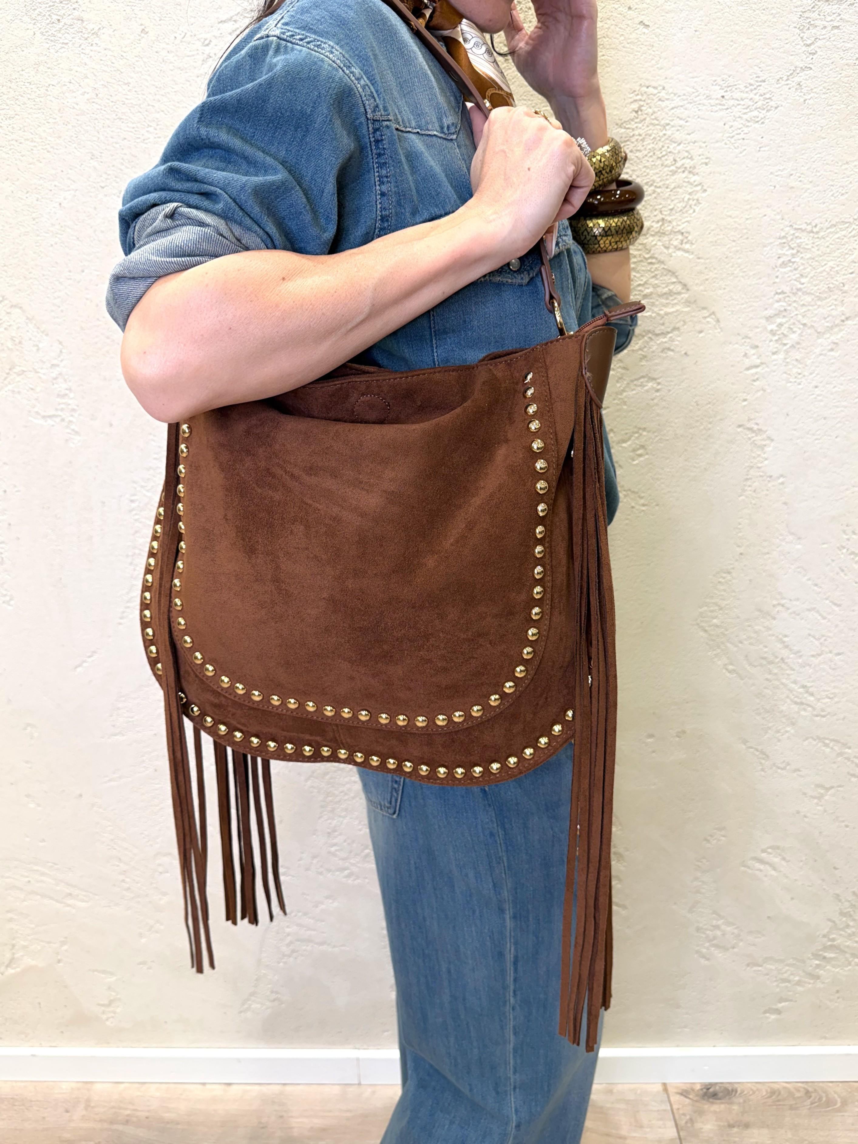 borsa a spalla in vera pelle scamosciata con frange e borchie BORFRABORCHIE MARRONE ELEVI